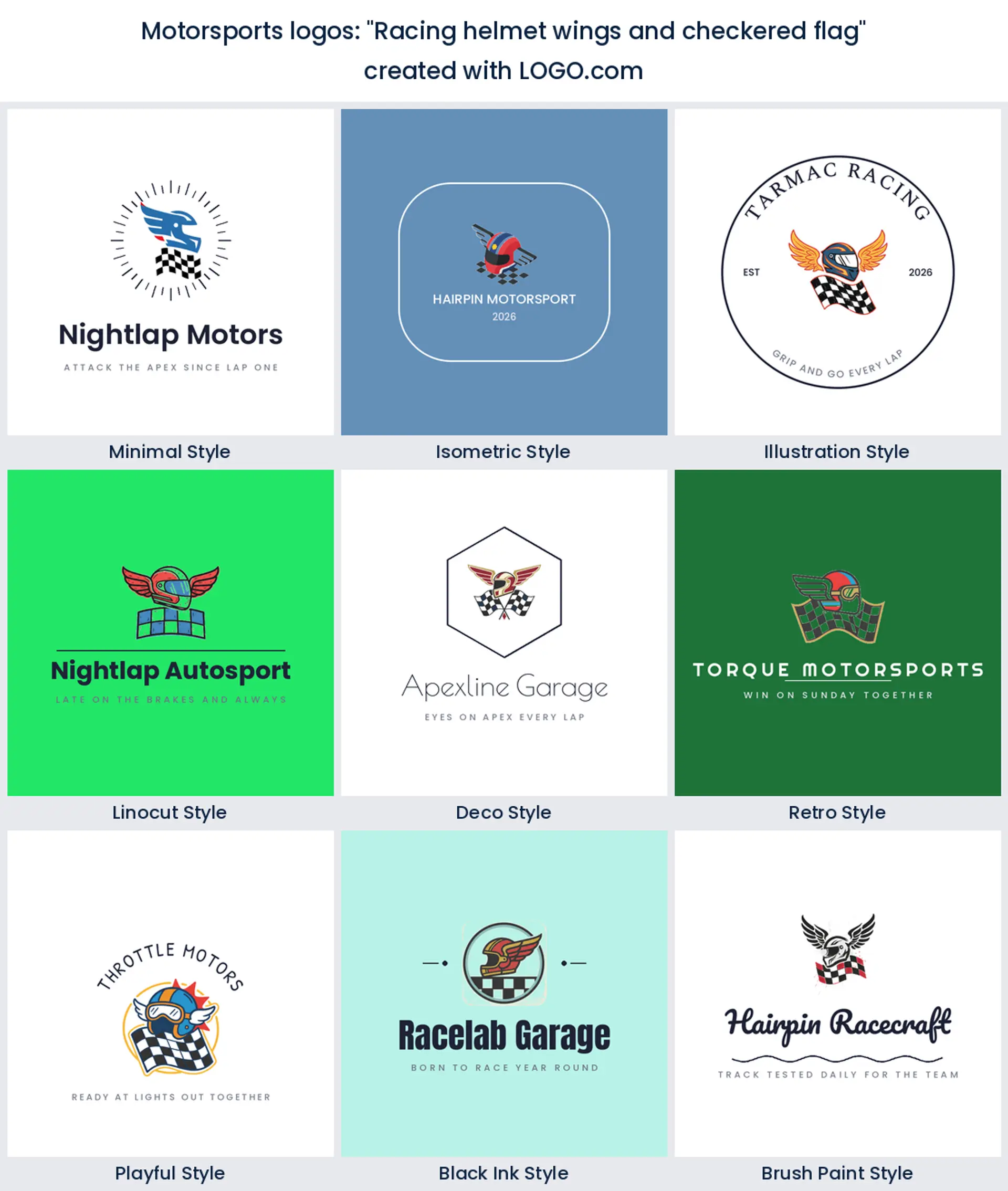Nine driver badges of a winged racing helmet over a checkered flag, shown in nine styles.