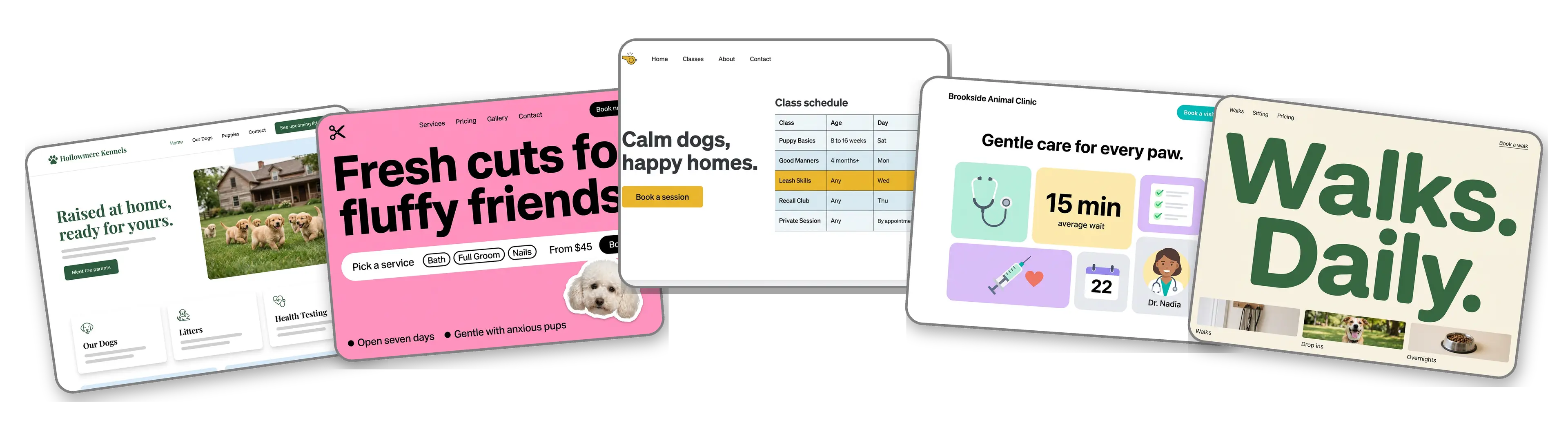 Five pet business websites built with LOGO.com from a logo upload: a family dog breeder, a dog grooming salon, a dog trainer, a small veterinary clinic and a dog walking and pet sitting service