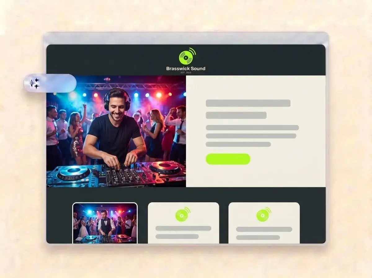 Finished Brasswick Sound DJ website built by LOGO.com from the uploaded logo, with a DJ playing to a dancing crowd in the hero photo