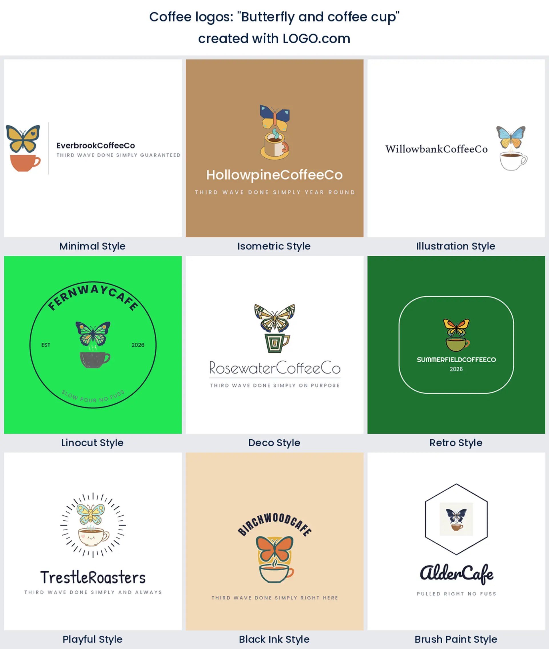 Butterfly and coffee cup coffee logo idea shown in nine LOGO.com styles