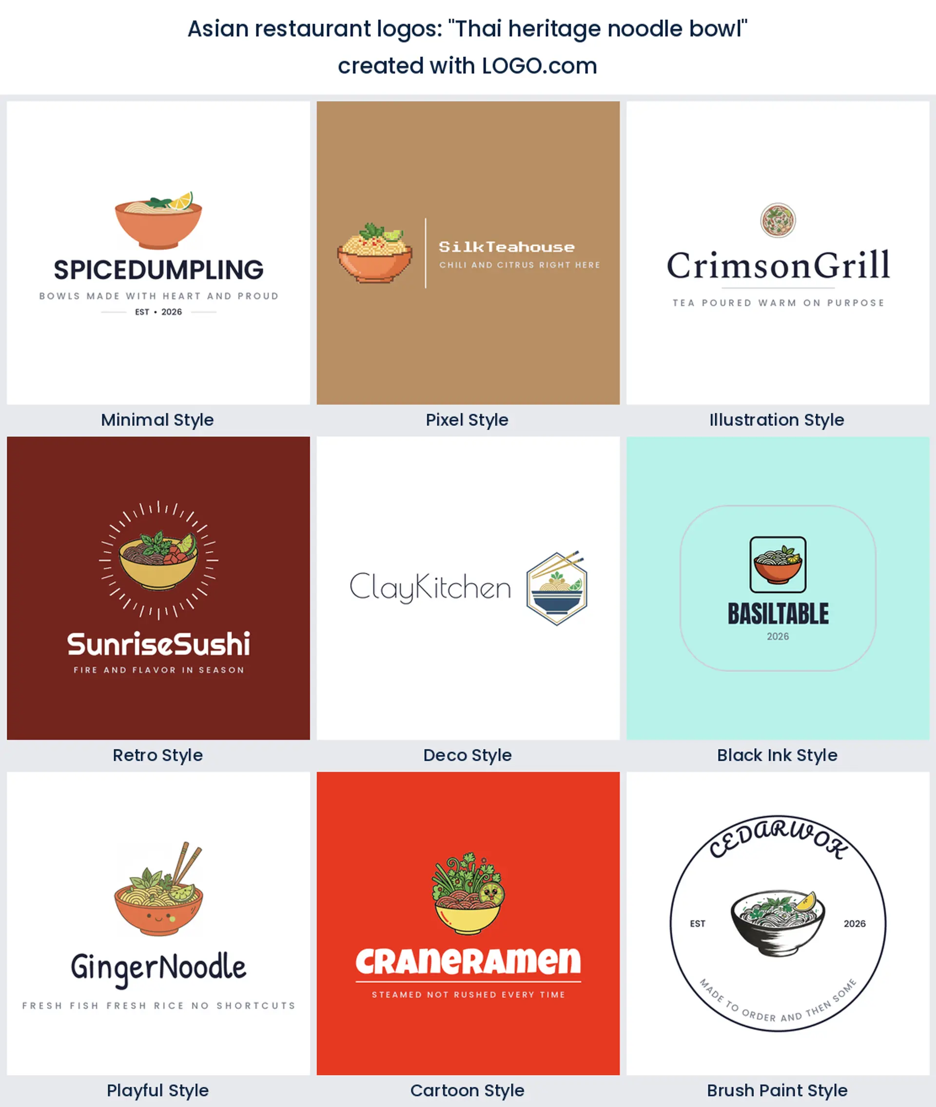 Thai heritage noodle bowl Asian restaurant logo in nine styles.