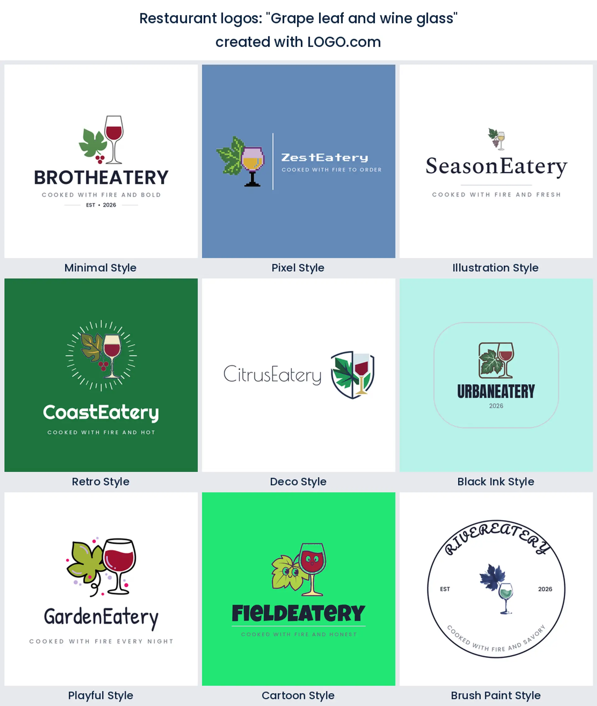 Grape leaf and wine glass restaurant logo in nine styles.