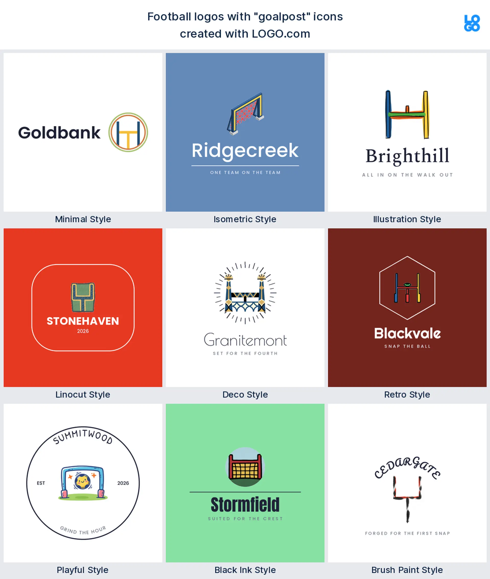 Goalpost football logo shown in nine LOGO.com styles