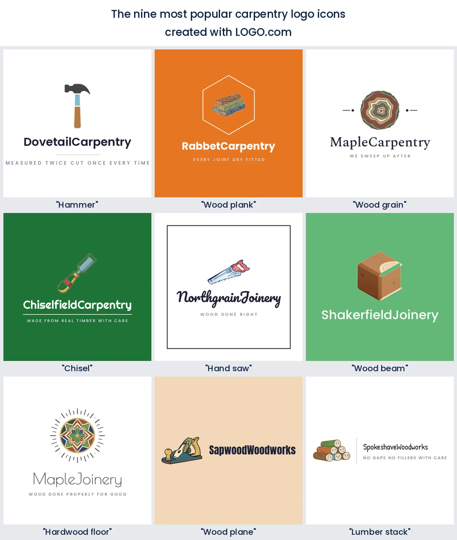 The nine most popular carpentry logo icons ranked from real founder prompts, each drawn as a woodworking logo mark