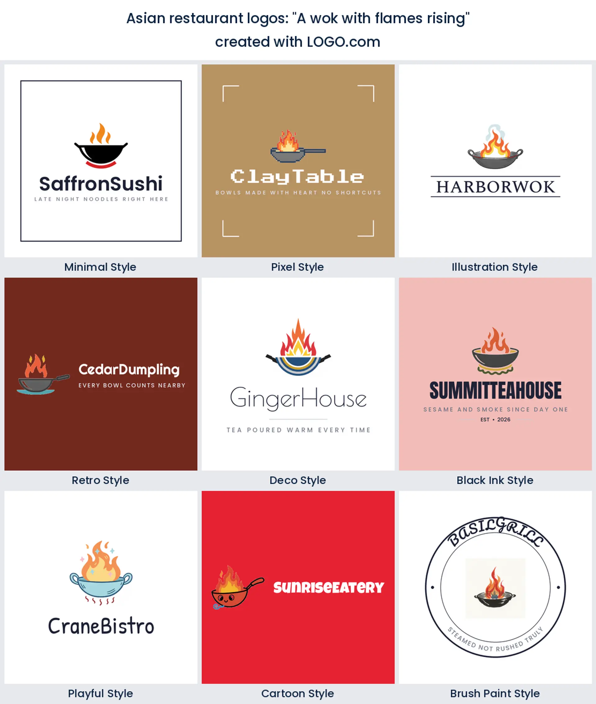 A wok with flames Asian restaurant logo in nine styles.