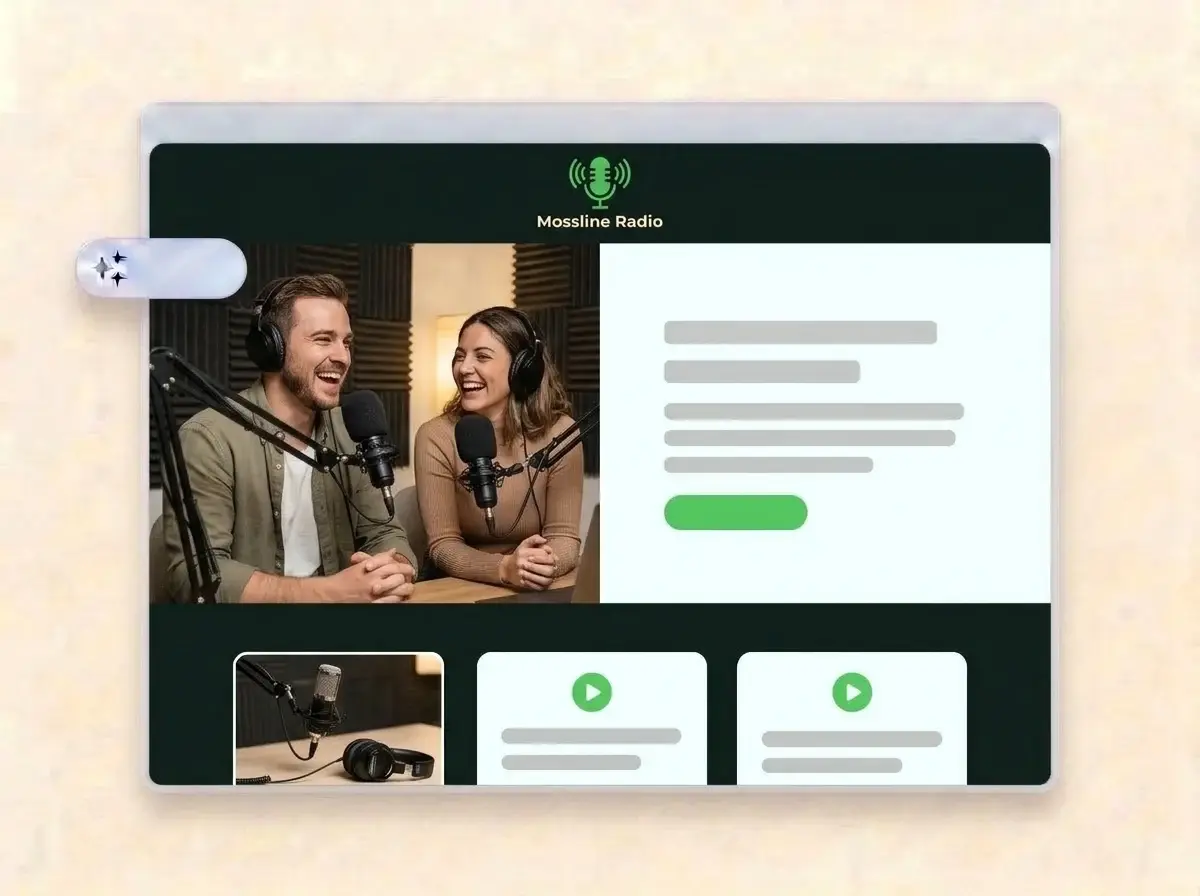 Finished Mossline Radio website built by LOGO.com from the uploaded logo, with two hosts laughing into studio microphones in the hero photo