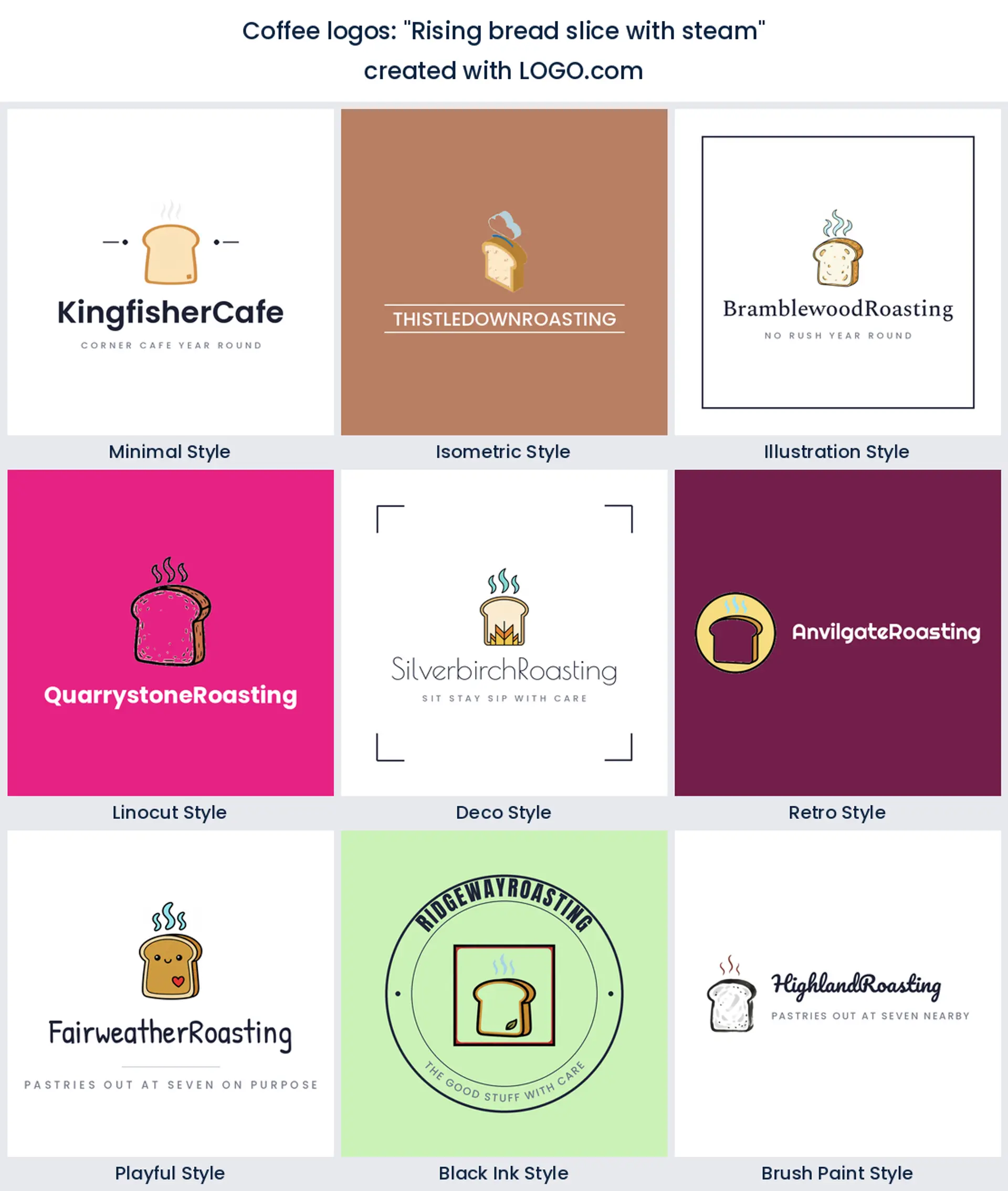 Rising bread slice with steam coffee logo idea shown in nine LOGO.com styles