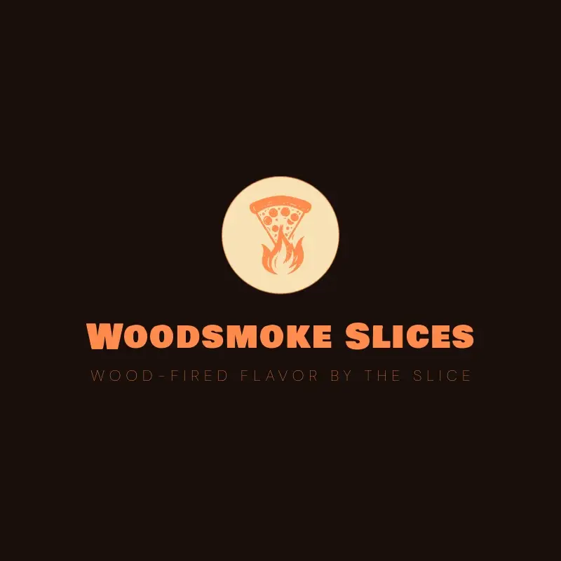 The pizza shop name Woodsmoke Slices as a branded logo with a color icon