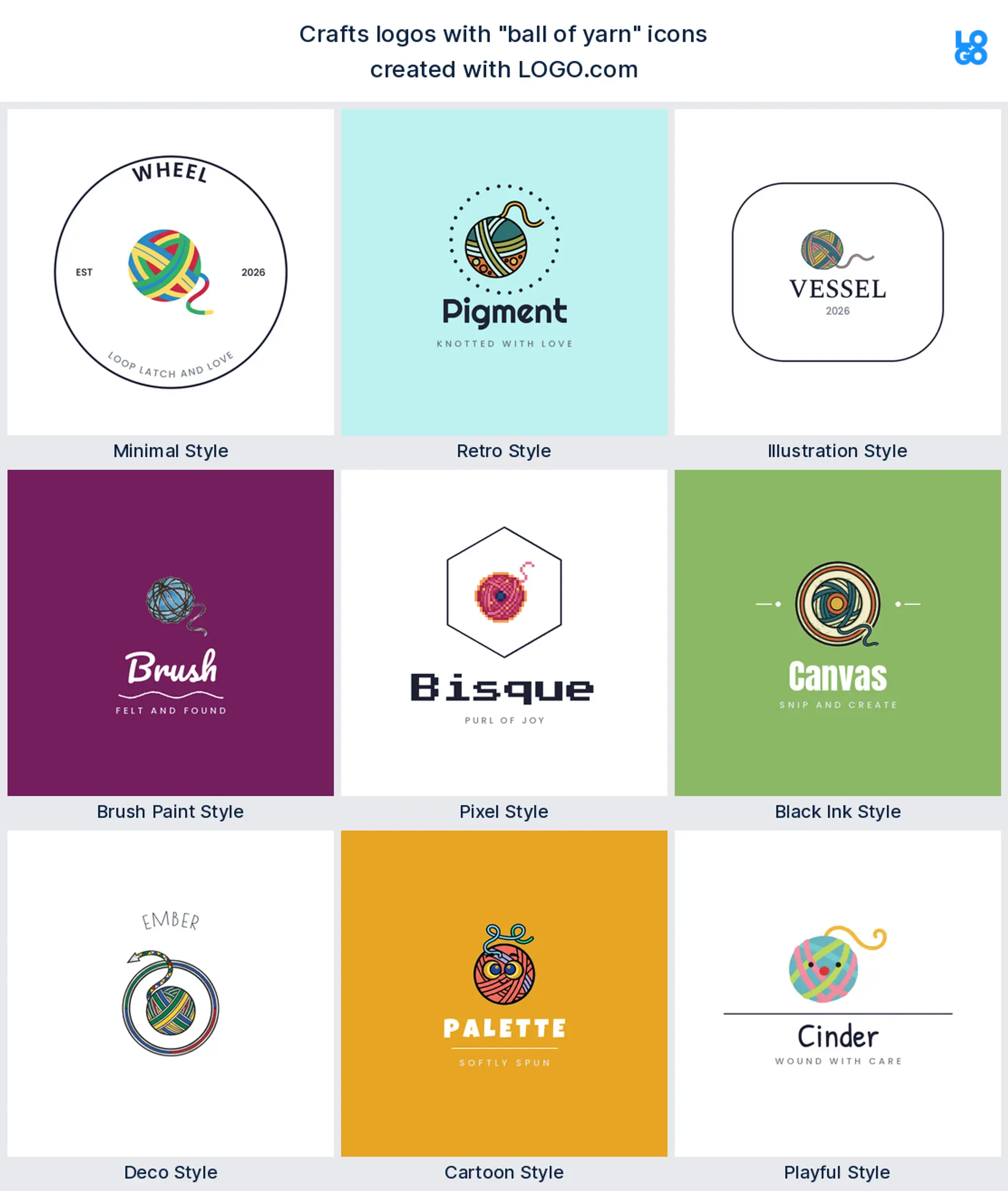 Ball of yarn craft logo shown in nine LOGO.com styles