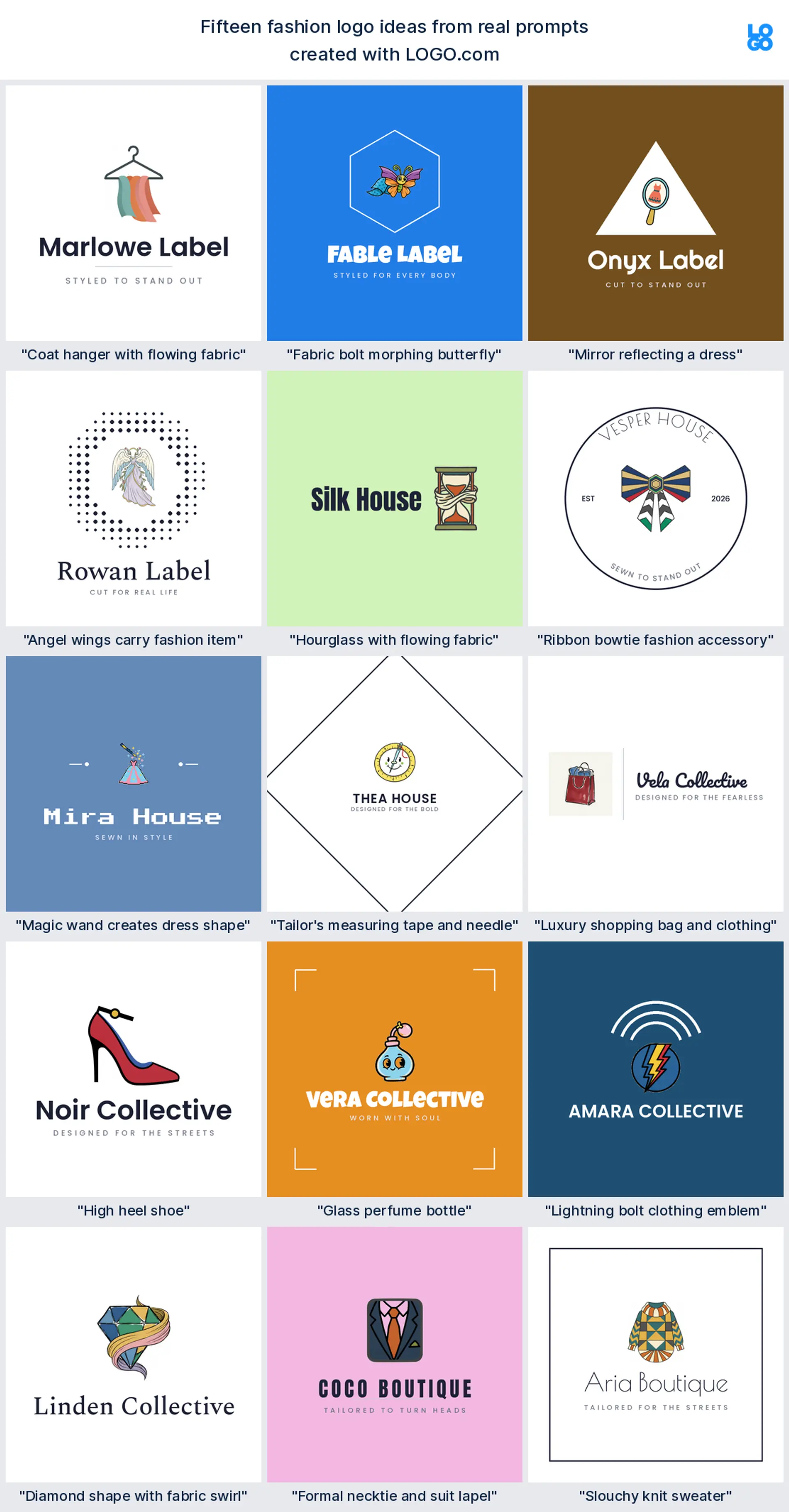 Fifteen fashion logo ideas from real founder prompts, shown across nine styles