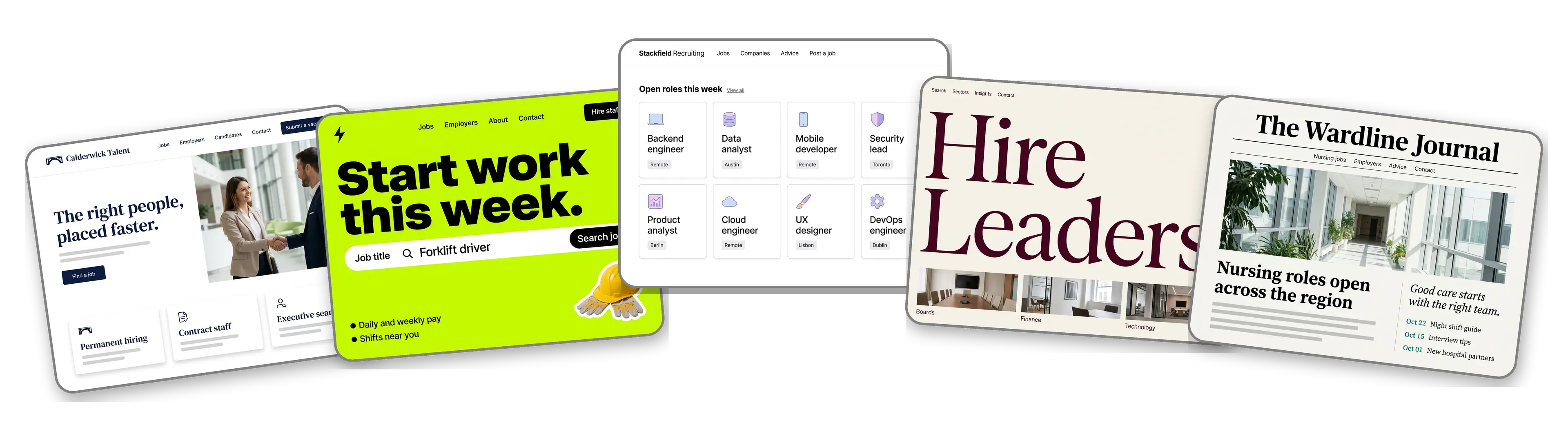 Five recruitment websites built with LOGO.com from a logo upload: a recruitment agency, a warehouse staffing agency, a tech recruitment job board, an executive search firm and a healthcare recruitment agency
