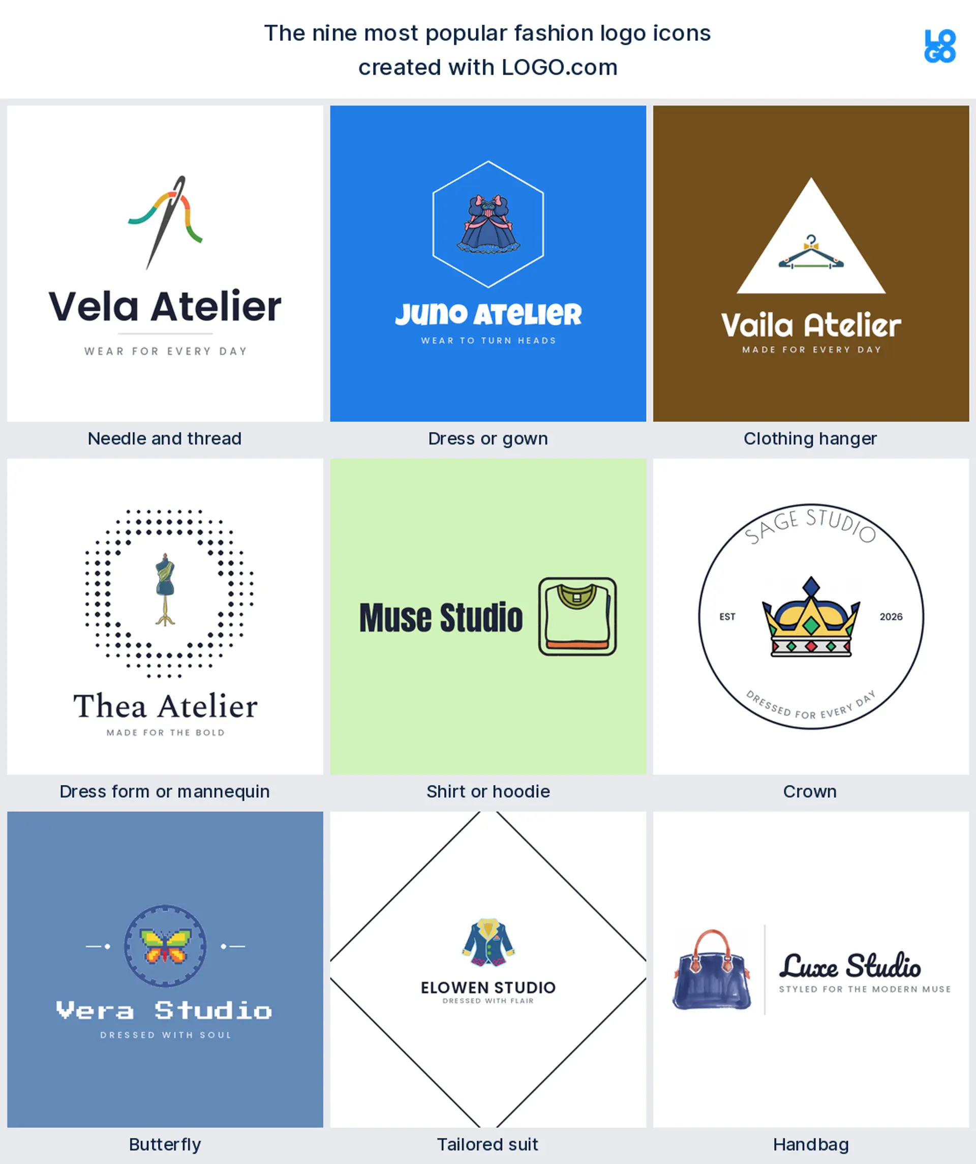 The nine most popular fashion logo icons on LOGO.com, shown across nine styles