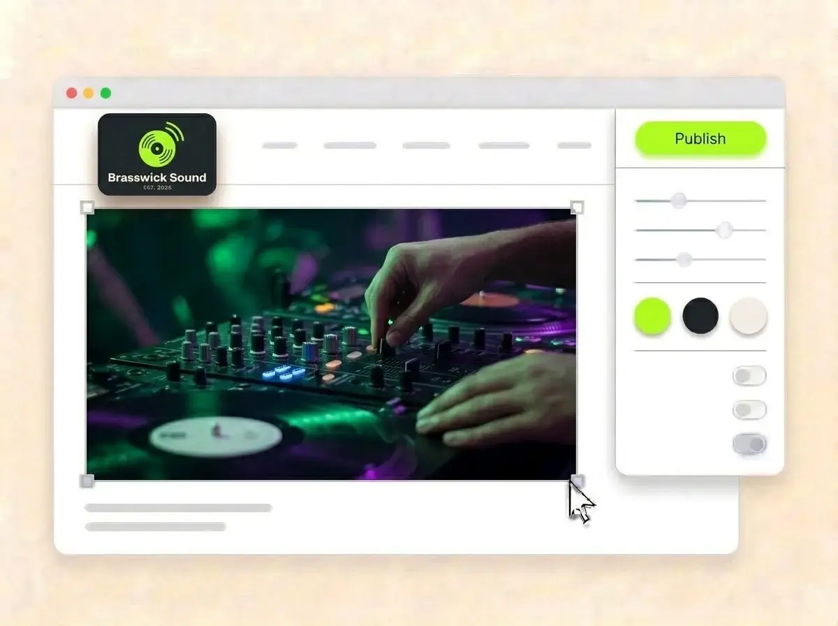 Editing the Brasswick Sound website with a close photo of hands on a mixer under green club lights selected, the style panel open and Publish ready