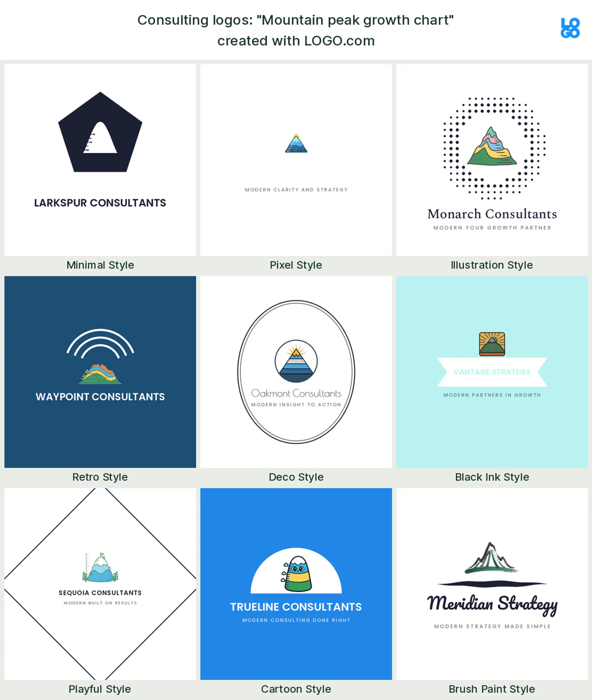 The "Mountain peak growth chart" business consulting logo idea, shown across nine styles on LOGO.com