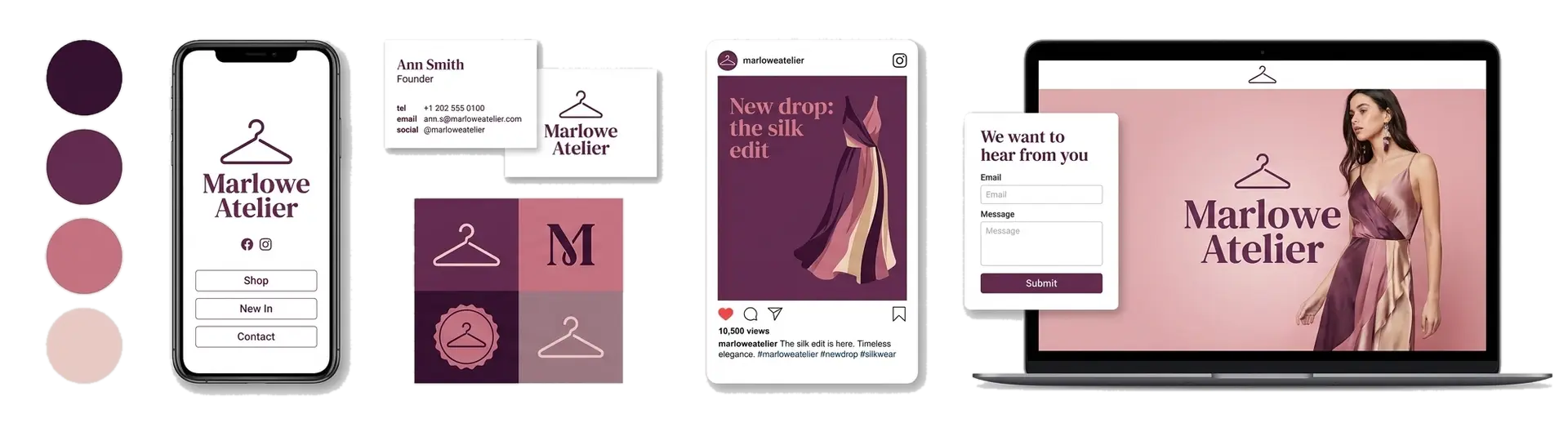 A fashion logo maker showing a clothing brand across labels, hang tags, and social media