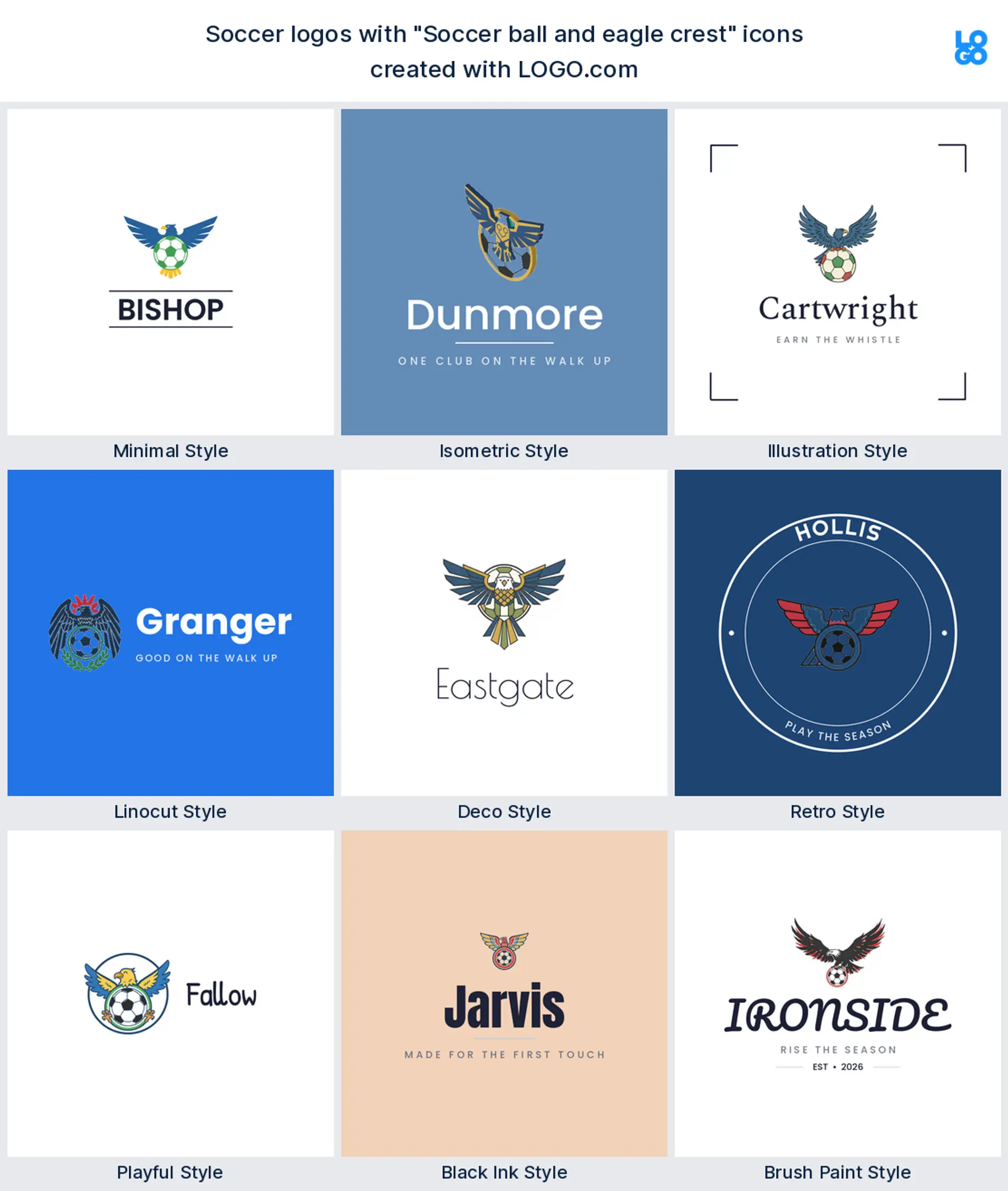 Eagle crest soccer logo shown in nine LOGO.com styles