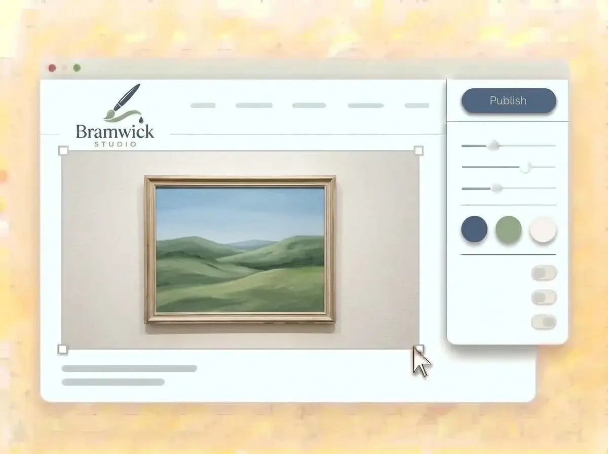 Editing the Bramwick Studio website with a framed landscape painting selected, the style panel open and the slate blue Publish button ready