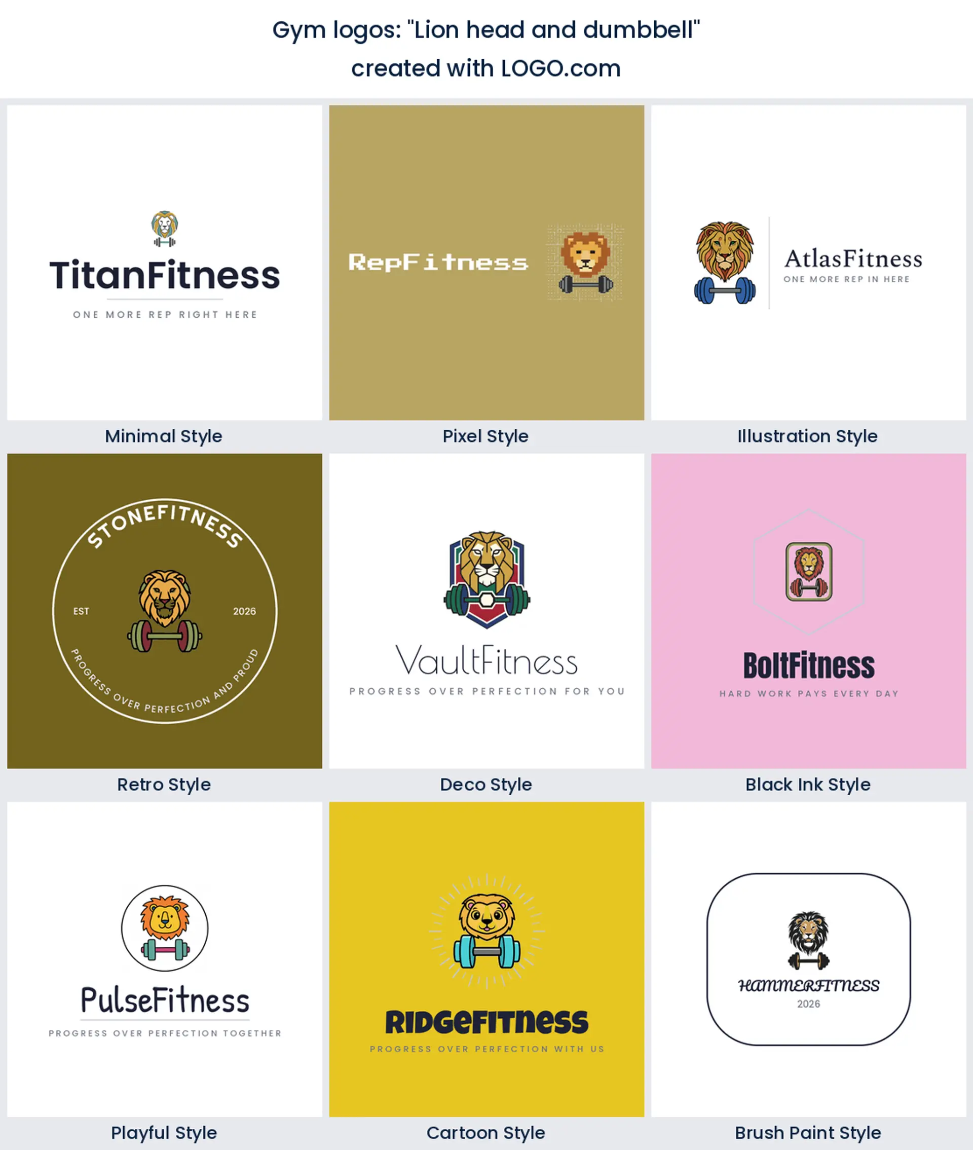 Lion head and dumbbell logo shown across nine LOGO.com styles