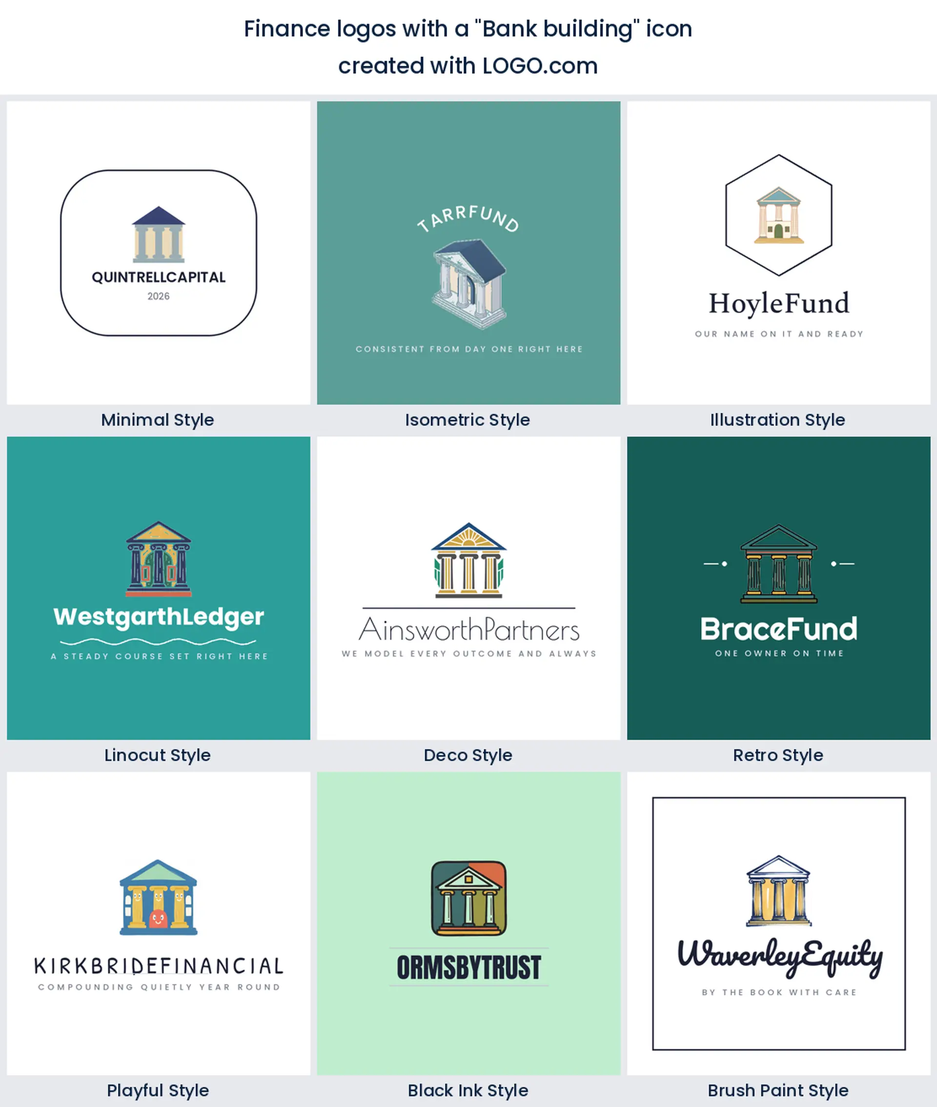 Nine styles of banking logo built on a columned finance building with a vault door