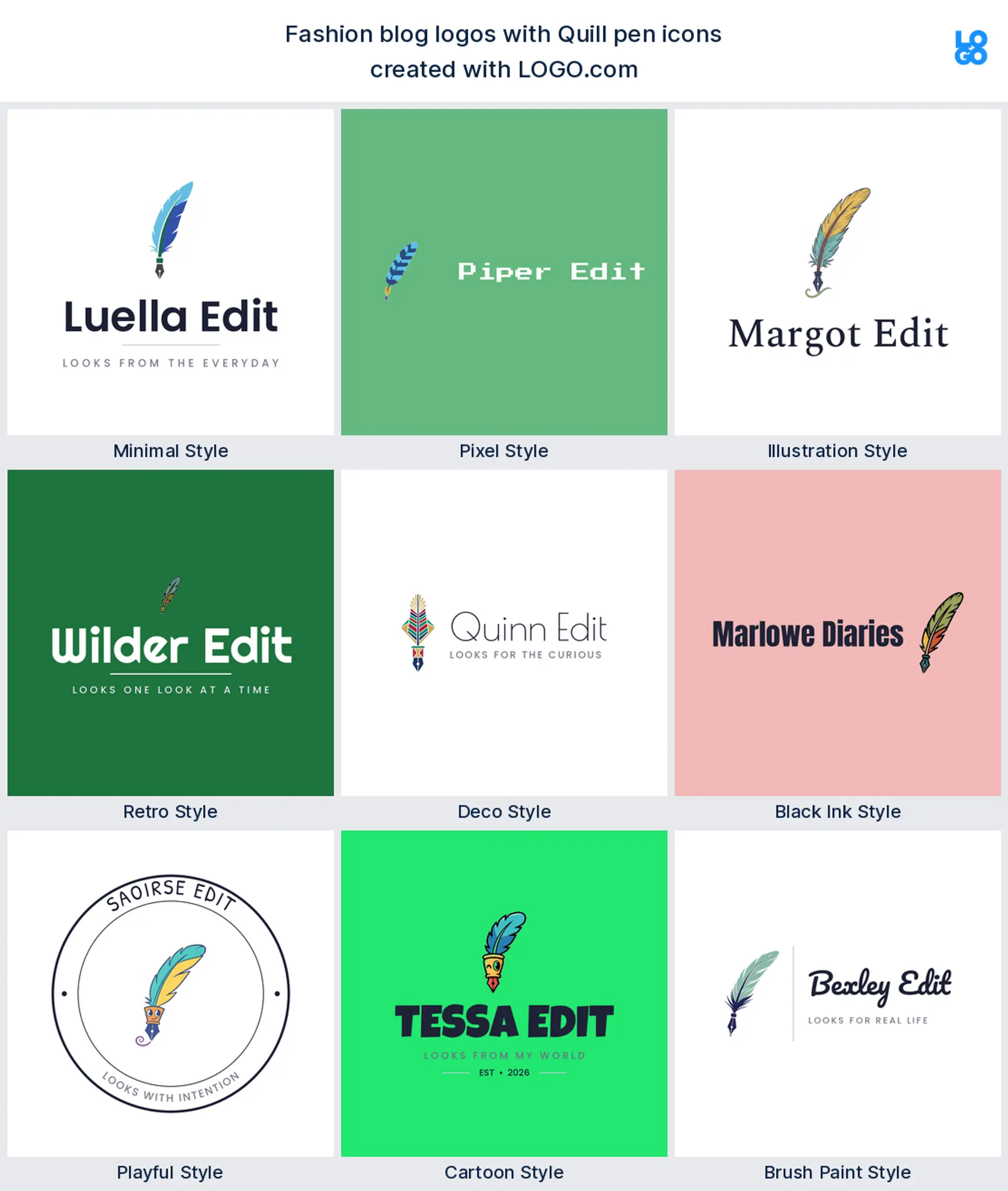 The quill pen icon shown as a blog logo across nine LOGO.com styles