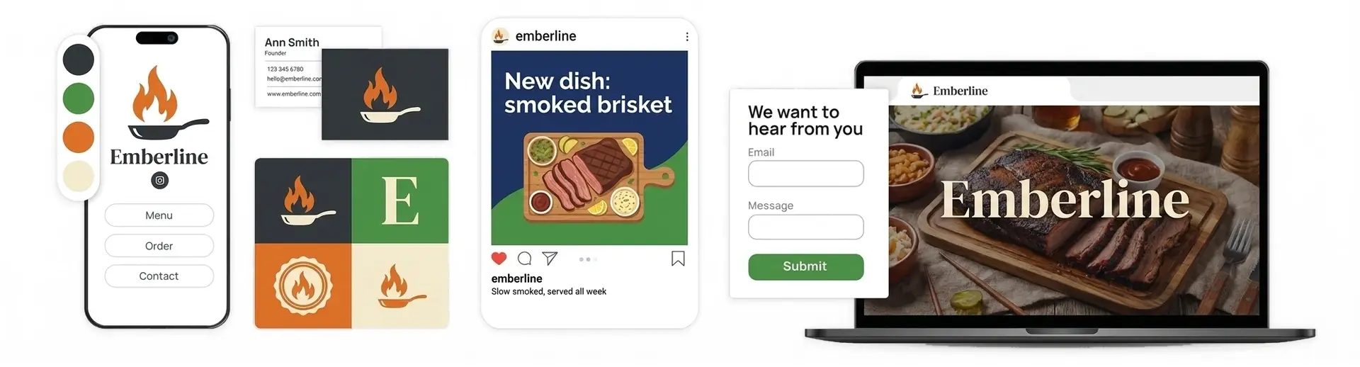 A restaurant logo shown on a menu, a storefront sign, and a phone.