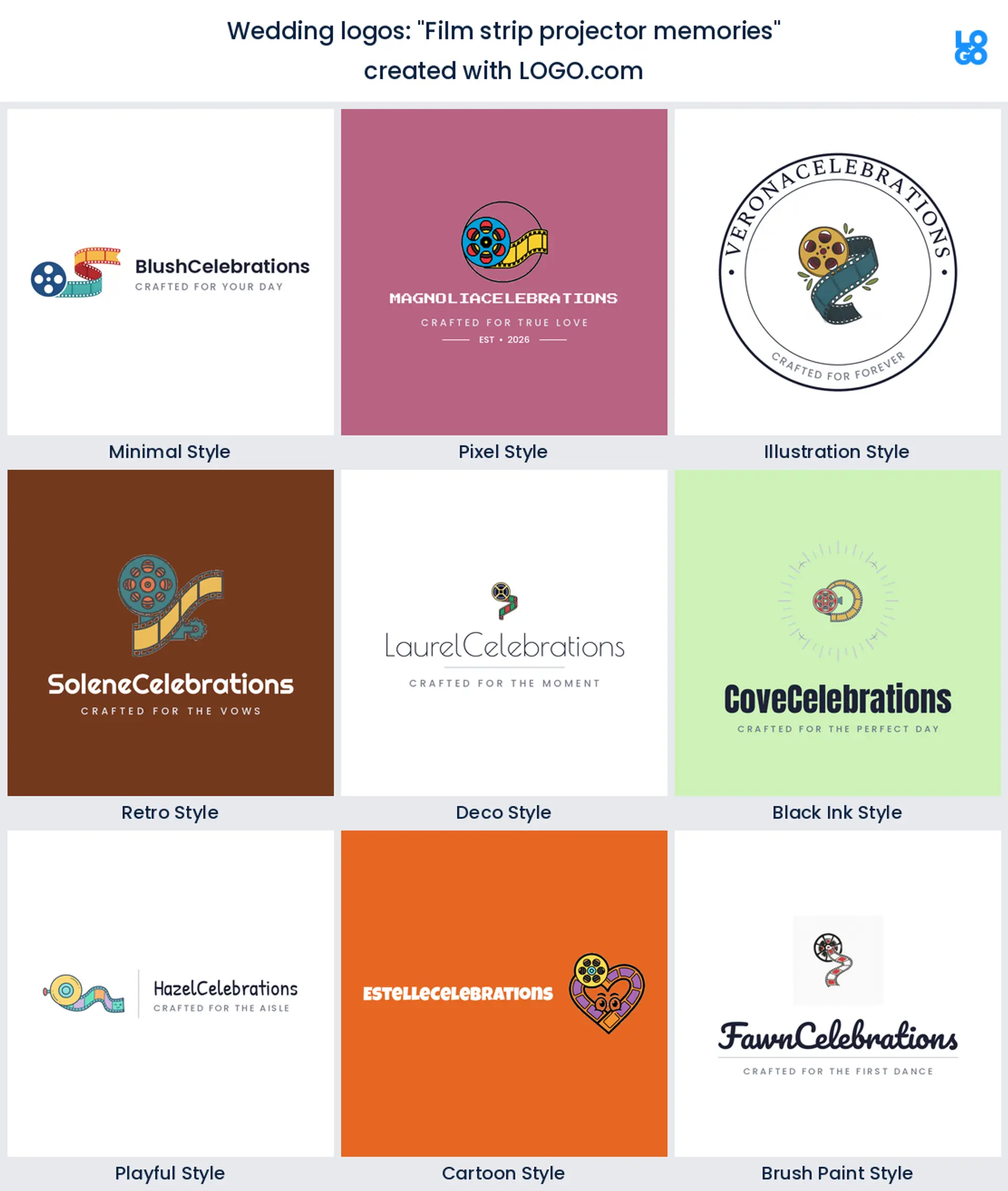 Film strip projector memories, a wedding logo idea shown in nine LOGO.com styles