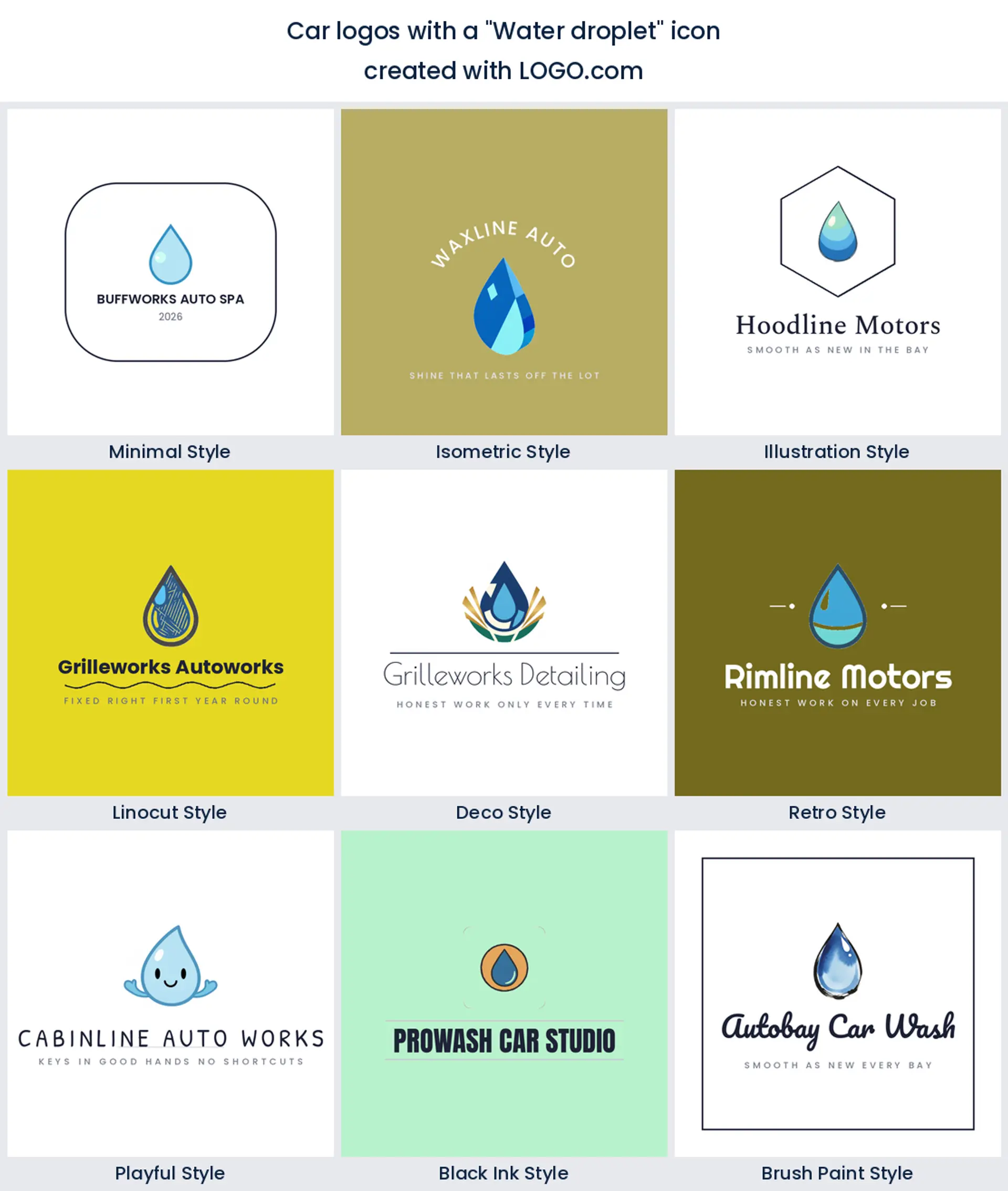 Nine car wash logos built around a water droplet icon, shown in nine different styles.
