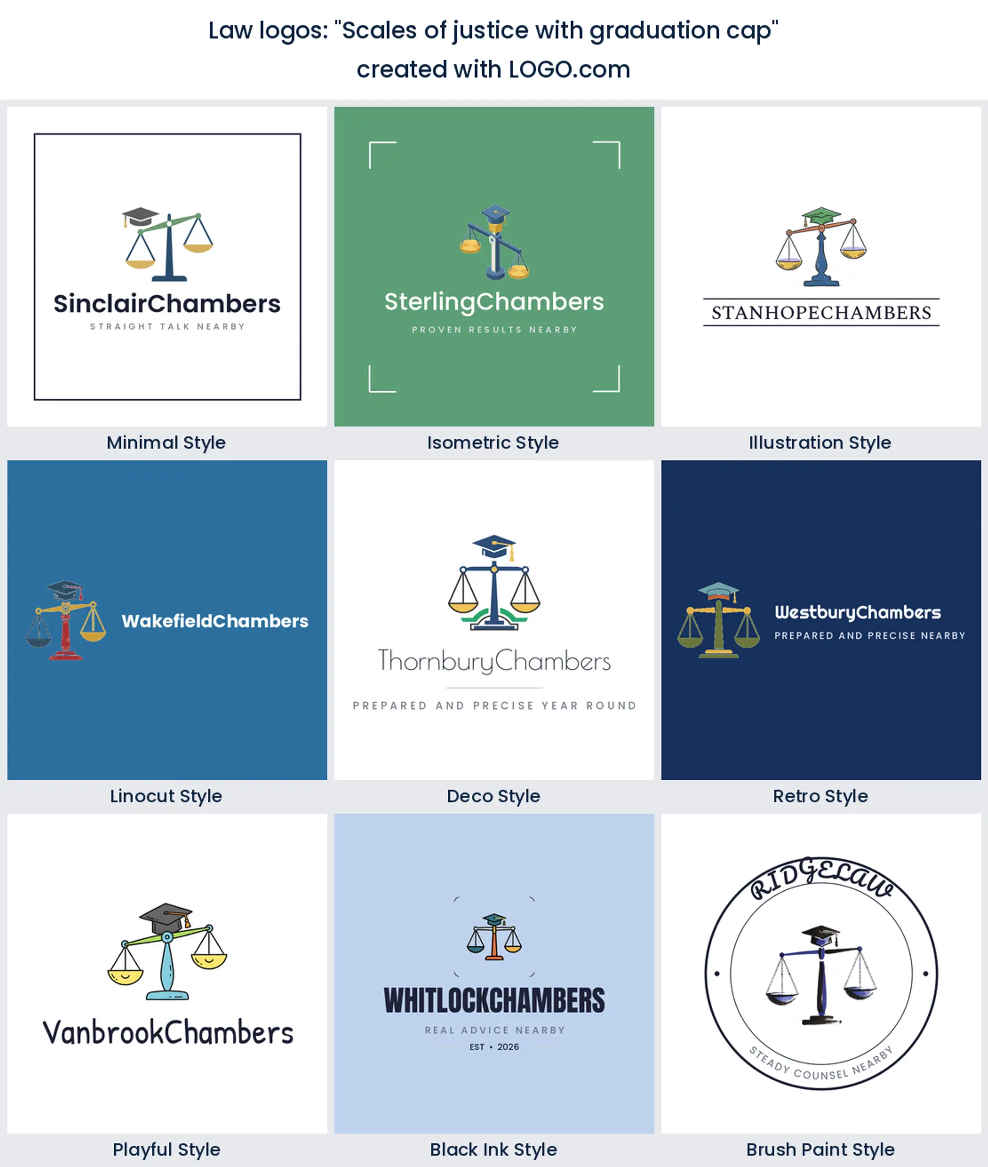 Scales of justice wearing a graduation cap across nine styles