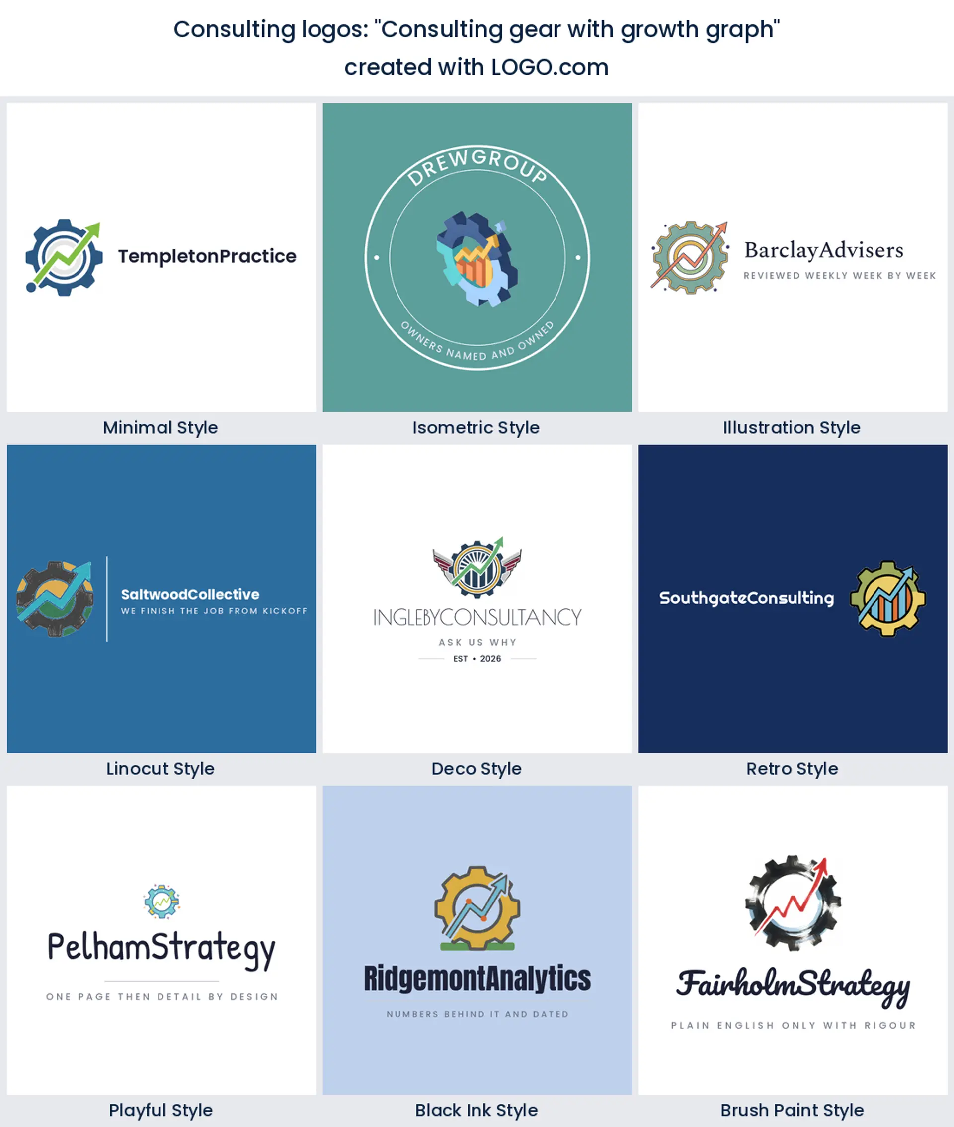 Nine styles of consulting logo with a gear wheel and a rising graph line