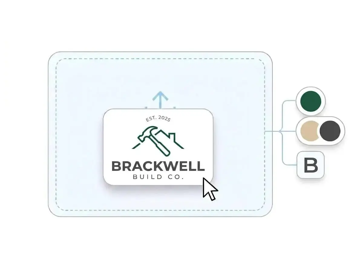 Brackwell Build Co. logo dropped into the LOGO.com upload box, with its pine green hammer and roof mark and its sand and charcoal colors picked out