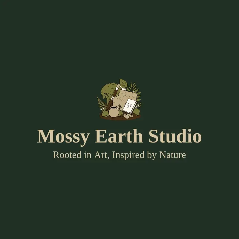 The art business name Mossy Earth Studio as a branded logo with a color icon
