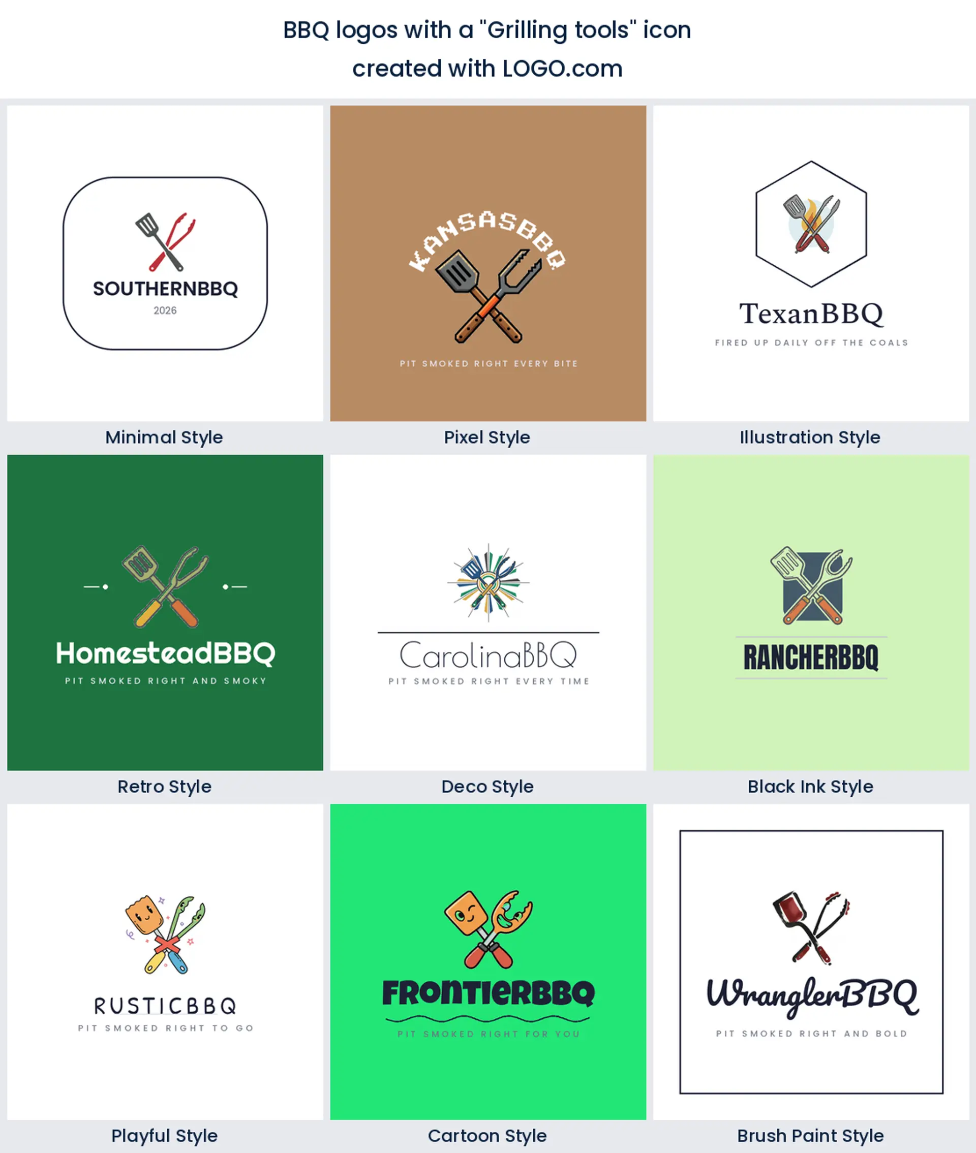 Crossed grilling tools bbq logo shown in nine LOGO.com styles.