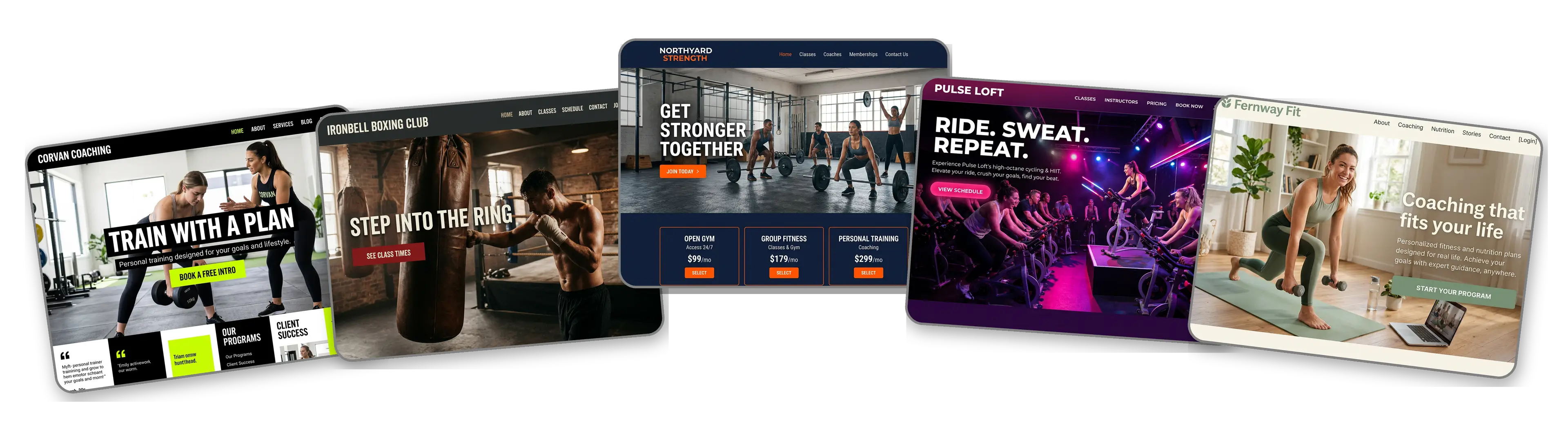 Five fitness websites built with LOGO.com from a logo upload: a personal trainer, a boxing gym, a strength and conditioning gym, an indoor cycling studio and an online fitness coach
