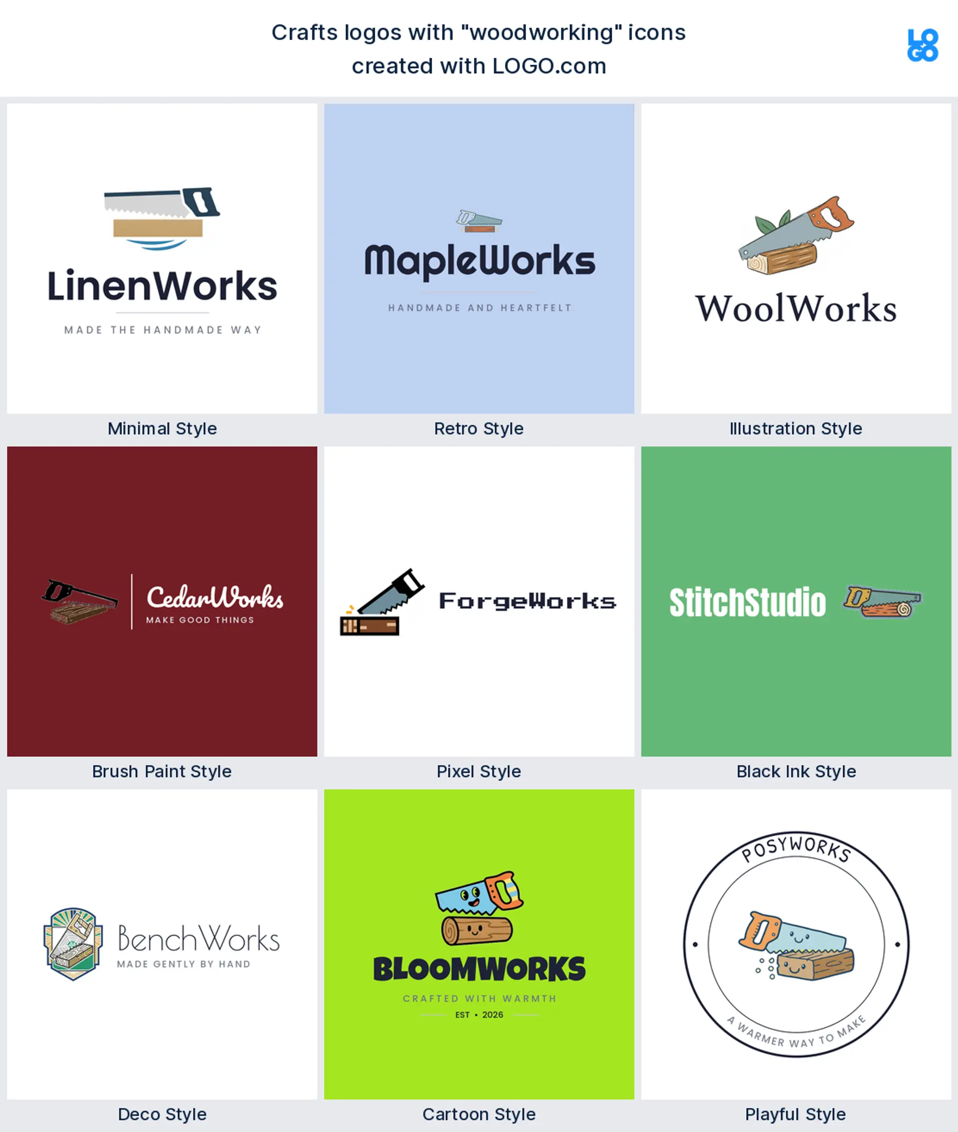 Woodworking craft logo shown in nine LOGO.com styles