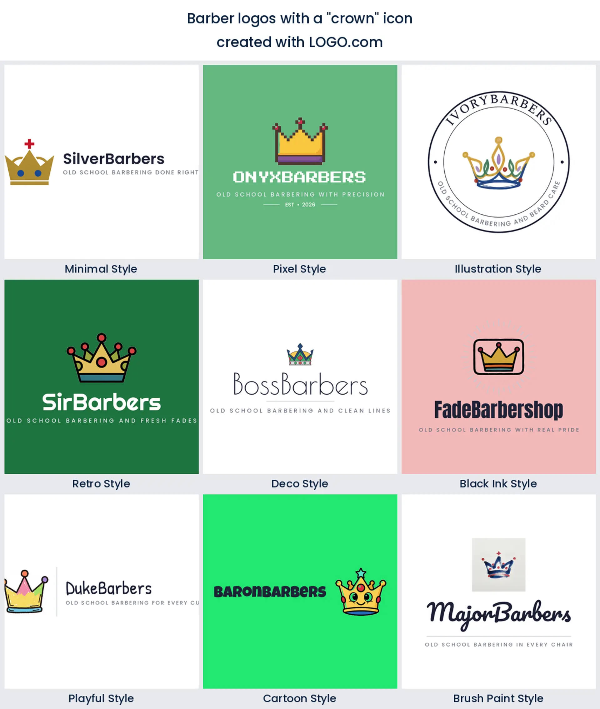 Crown barber logo shown in nine LOGO.com styles.