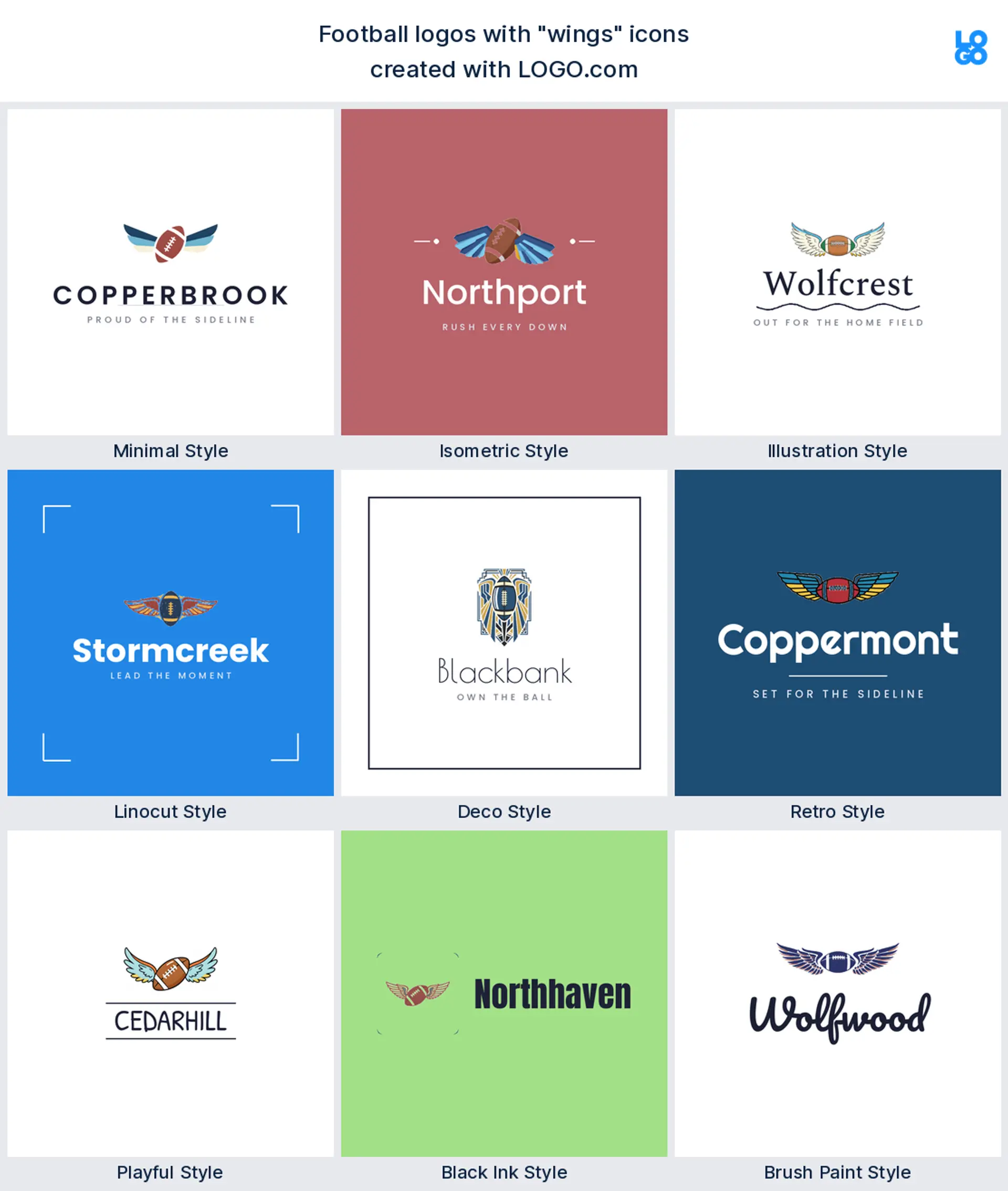 Winged football logo shown in nine LOGO.com styles