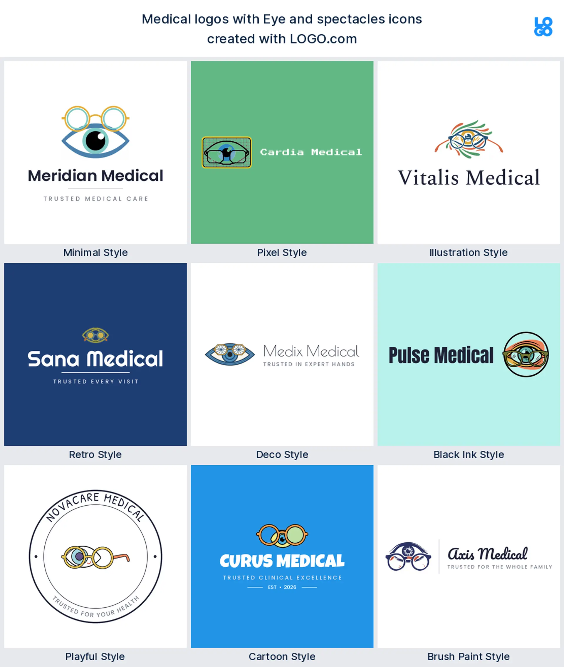 Eye and spectacles shown across nine LOGO.com medical logo styles