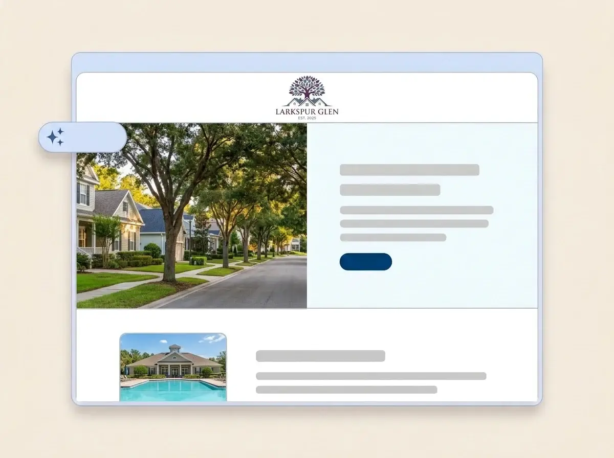 Finished Larkspur Glen homeowners association website built by LOGO.com from the uploaded logo, with a tree lined street in the hero and a clubhouse thumbnail