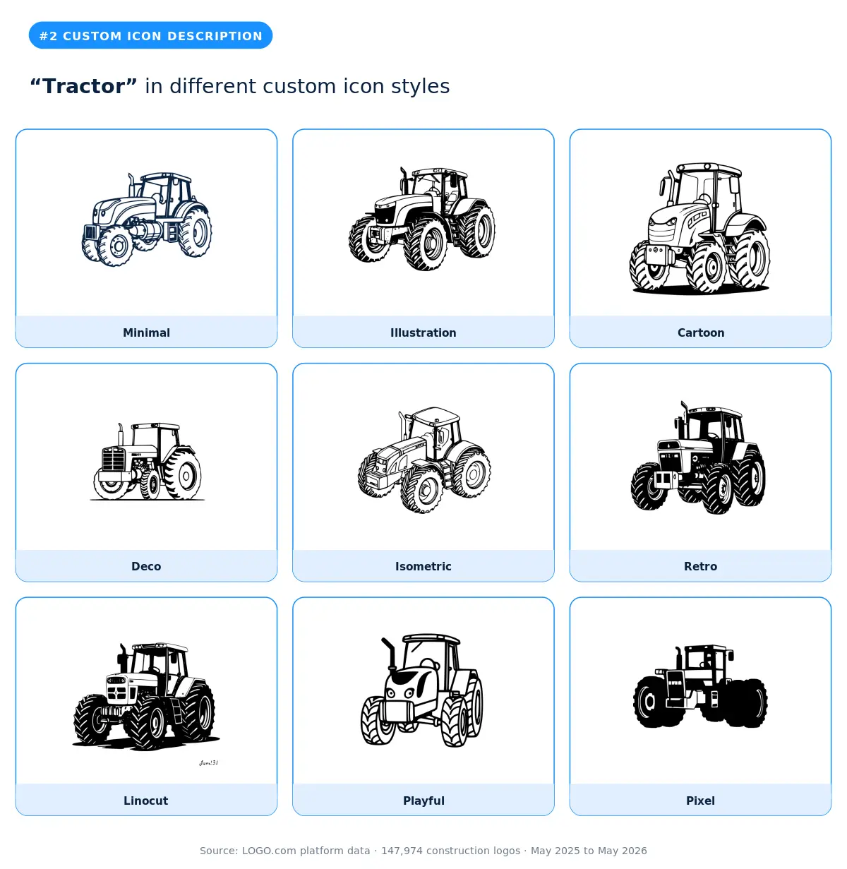 "Tractor" custom construction logo symbol in nine styles