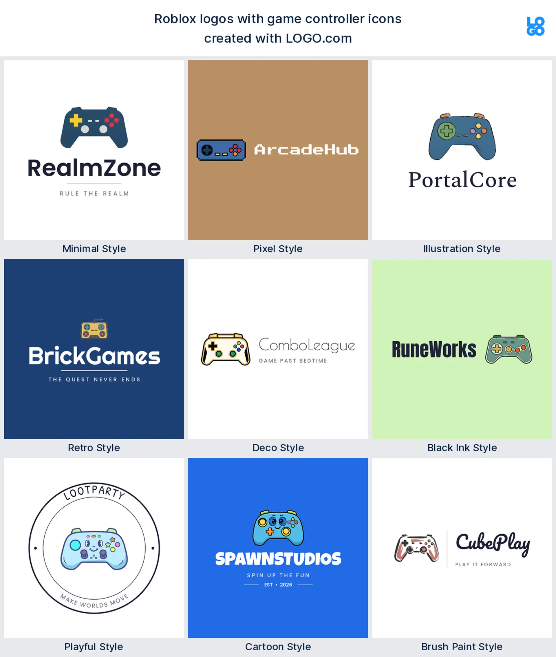 Game controller Roblox logos across nine LOGO.com styles