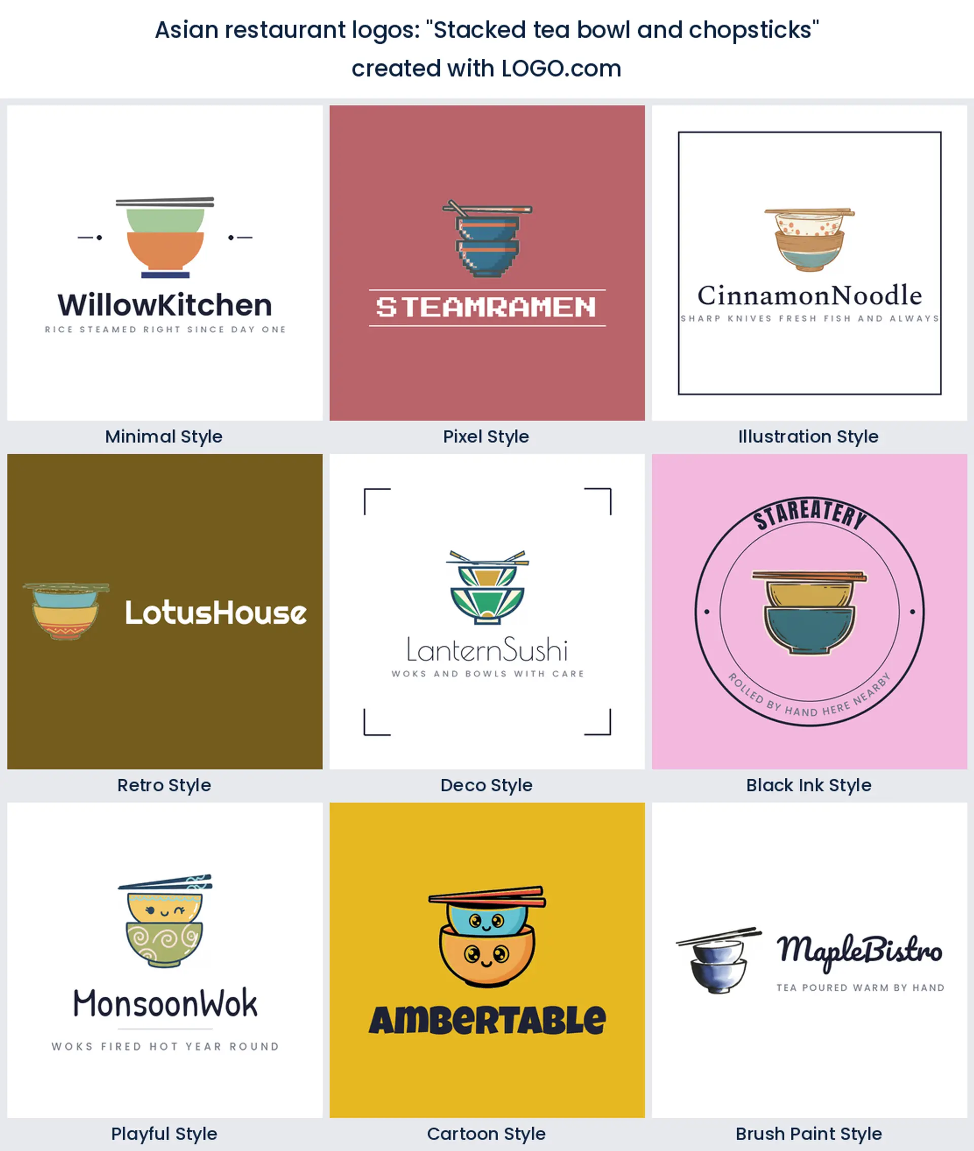 Stacked tea bowl and chopsticks Asian restaurant logo in nine styles.