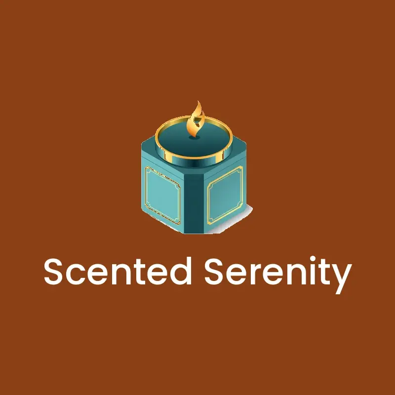 The candle name Scented Serenity as a branded logo in a isometric style