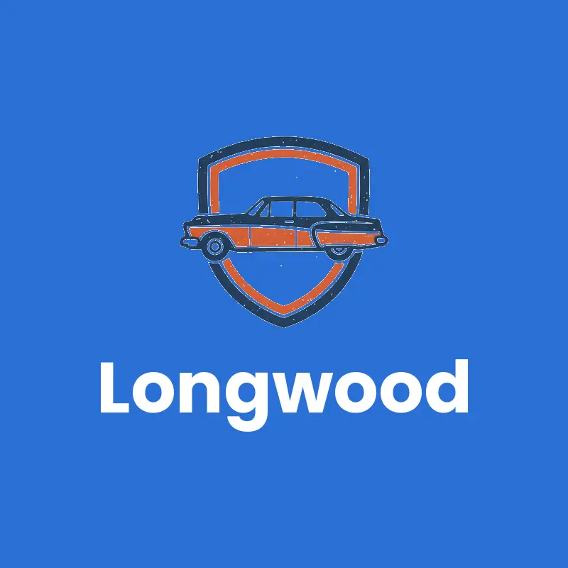Linocut dealership logo with a car inside a shield emblem