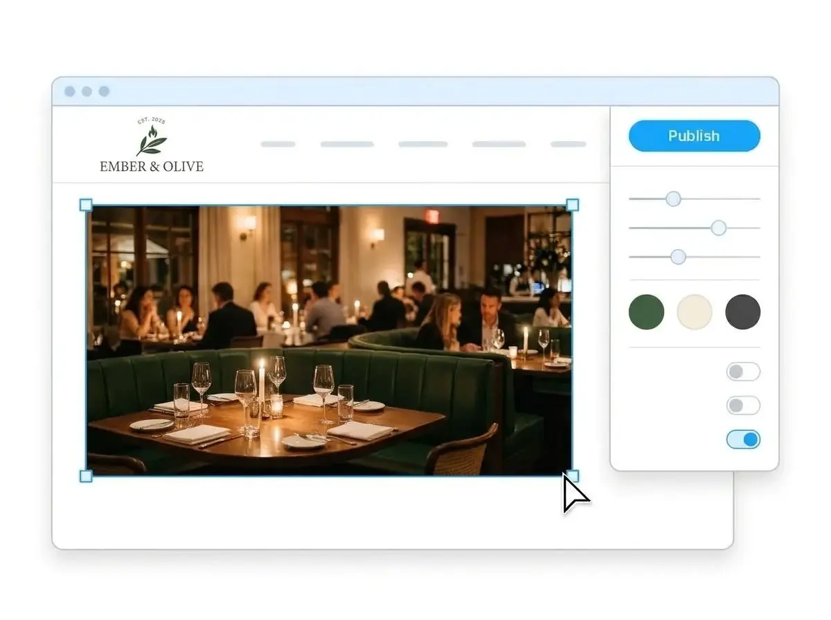 Editing the Ember & Olive restaurant website with a candlelit dining room photo selected, the style panel open and the Publish button ready