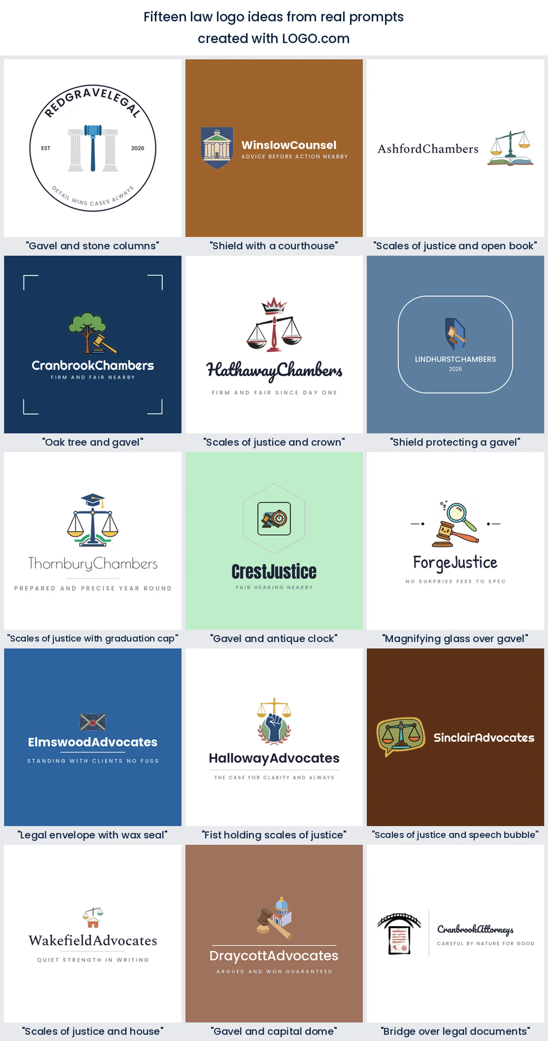 Fifteen law logo ideas from real founder prompts, shown as lawyer logo examples on LOGO.com