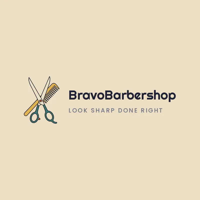 A retro barber scissors and comb logo on a cream background.