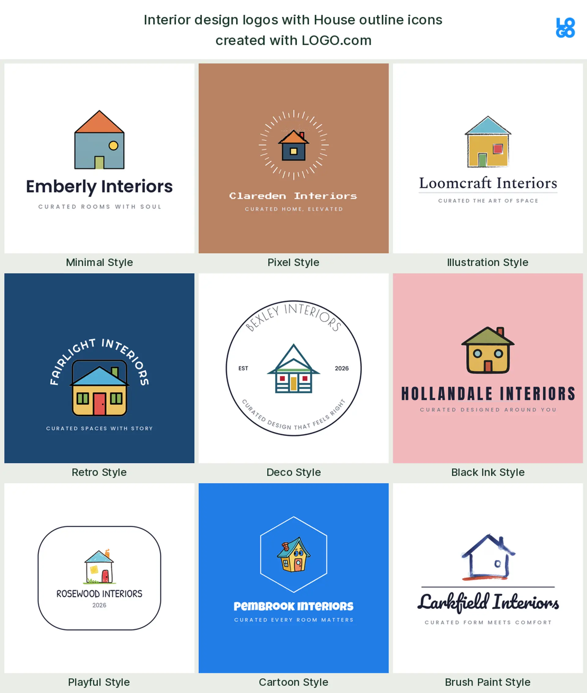 House outline, a popular interior design logo symbol, shown across nine styles on LOGO.com