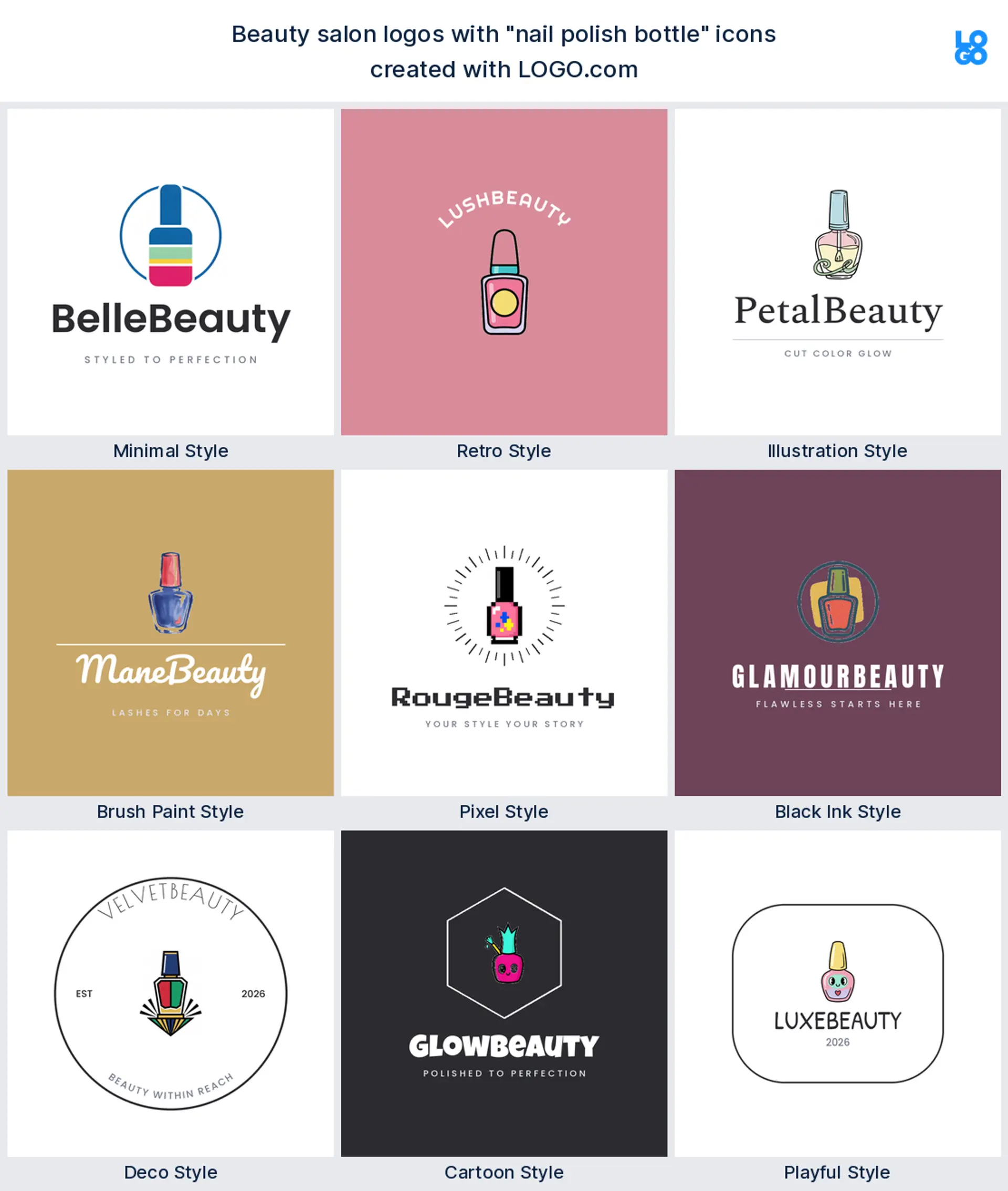 Nail polish bottle, cartoon beauty salon logo shown in nine LOGO.com styles