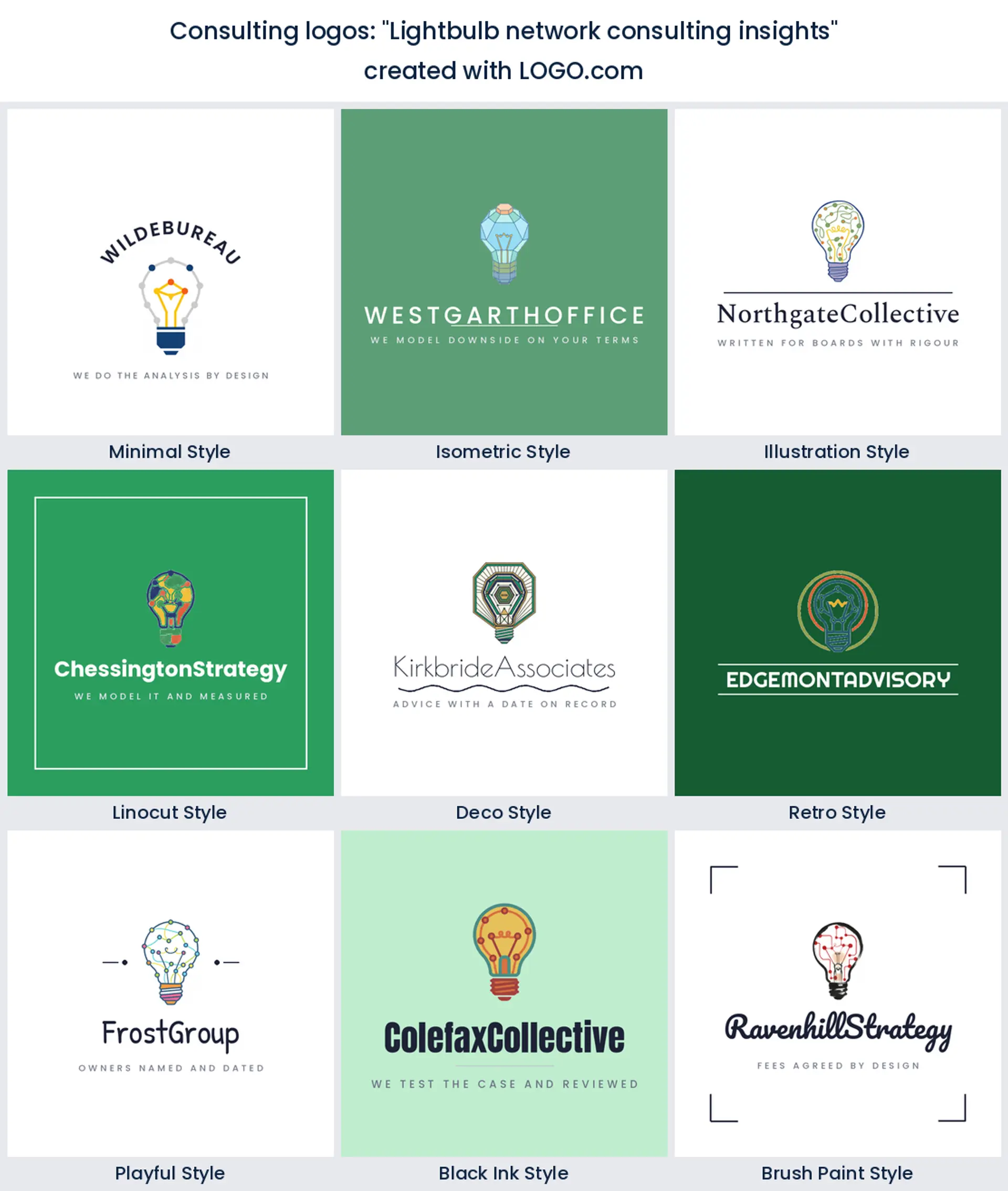 Nine styles of consulting logo with a lightbulb drawn from connected nodes