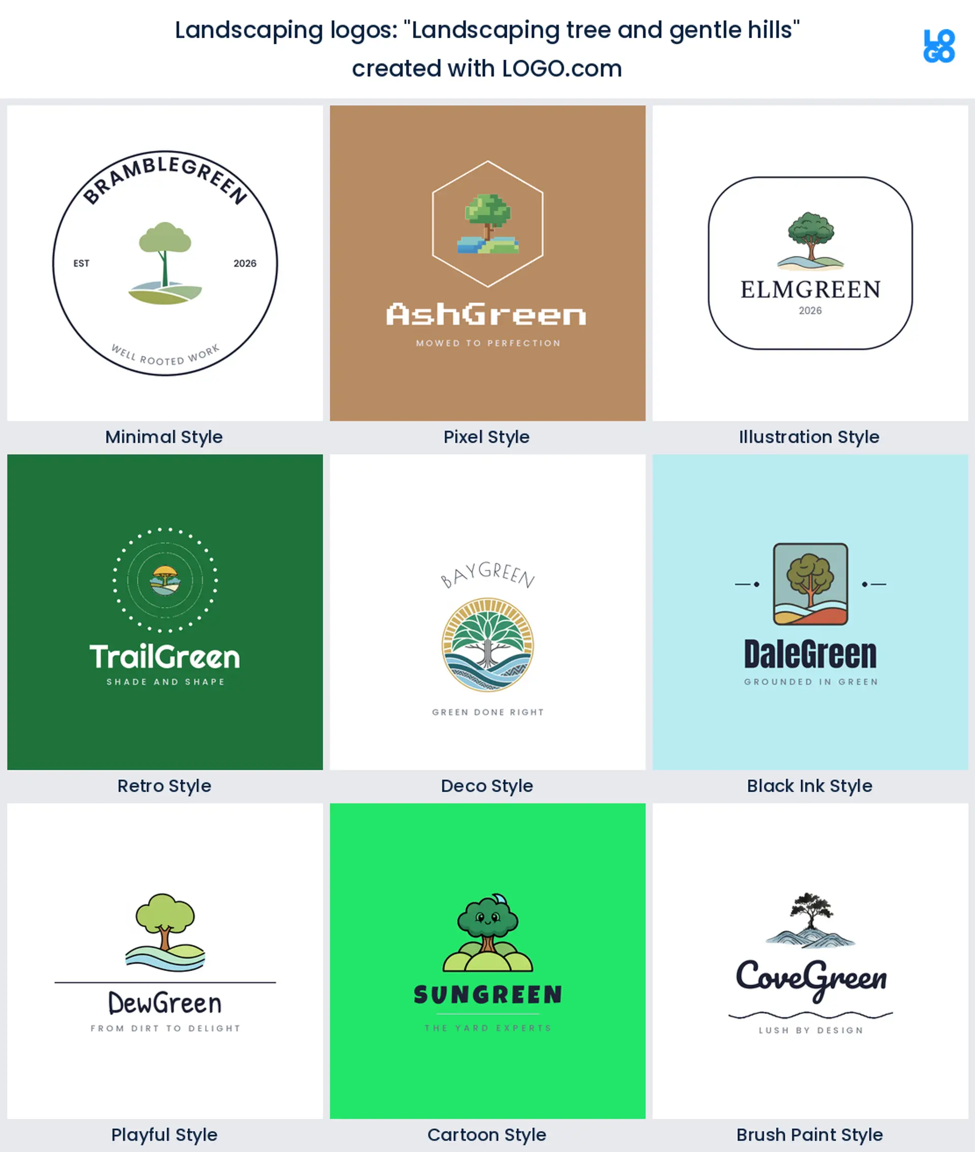 Landscaping tree and gentle hills, a landscaping logo idea shown in nine LOGO.com styles